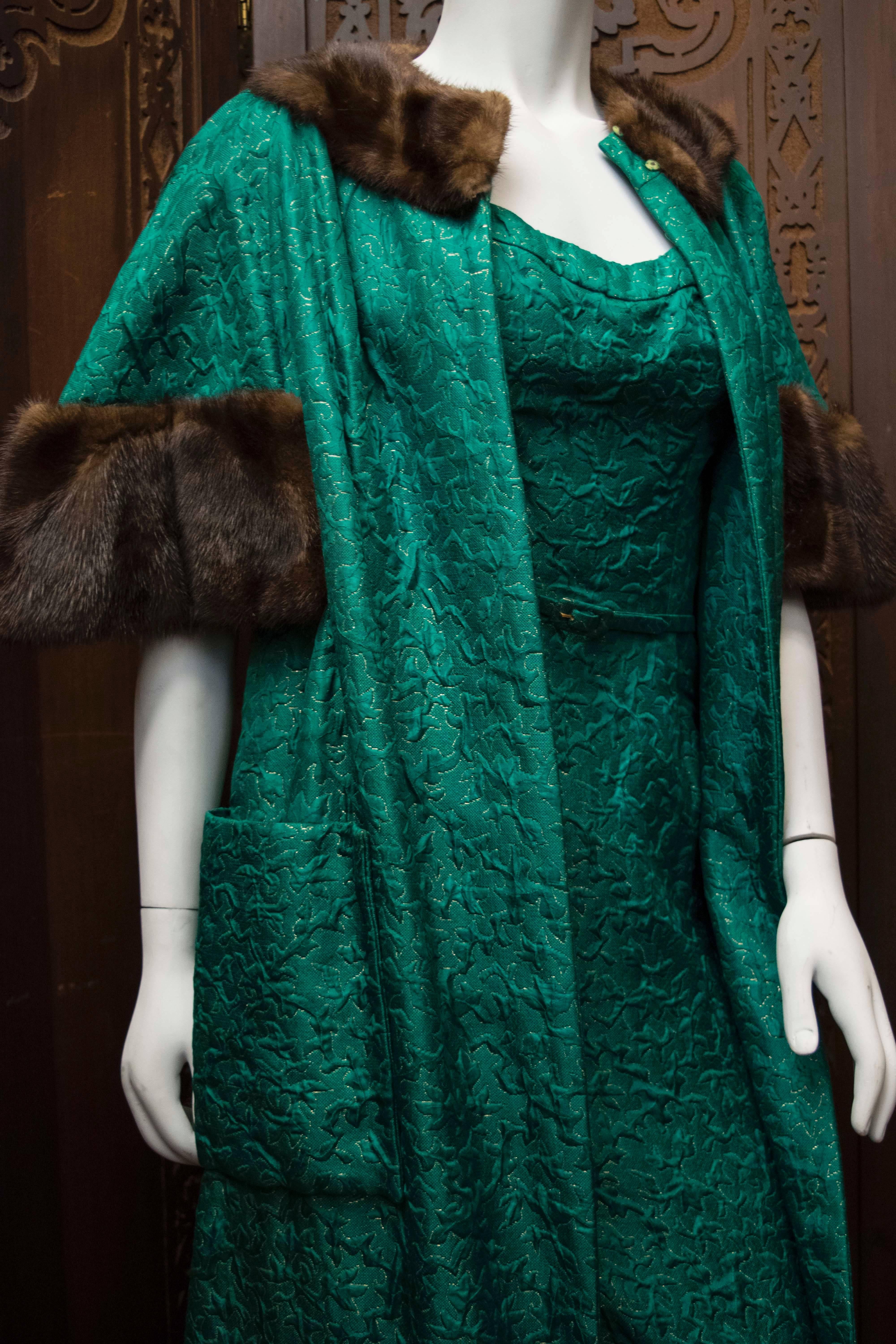 Women's 1960s Green Brocade Dress and Coat.