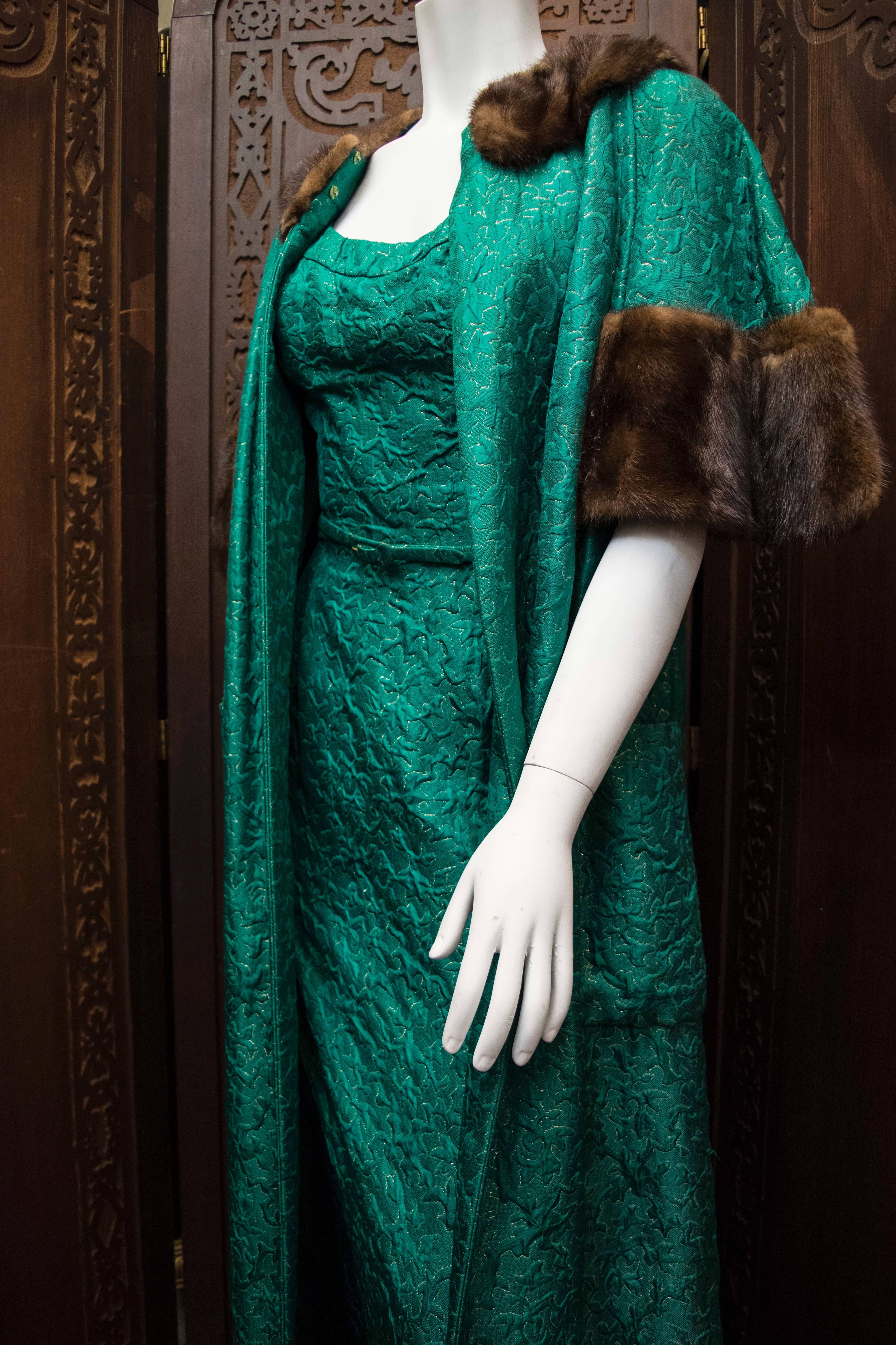 1960s Green Brocade Dress and Coat. 1