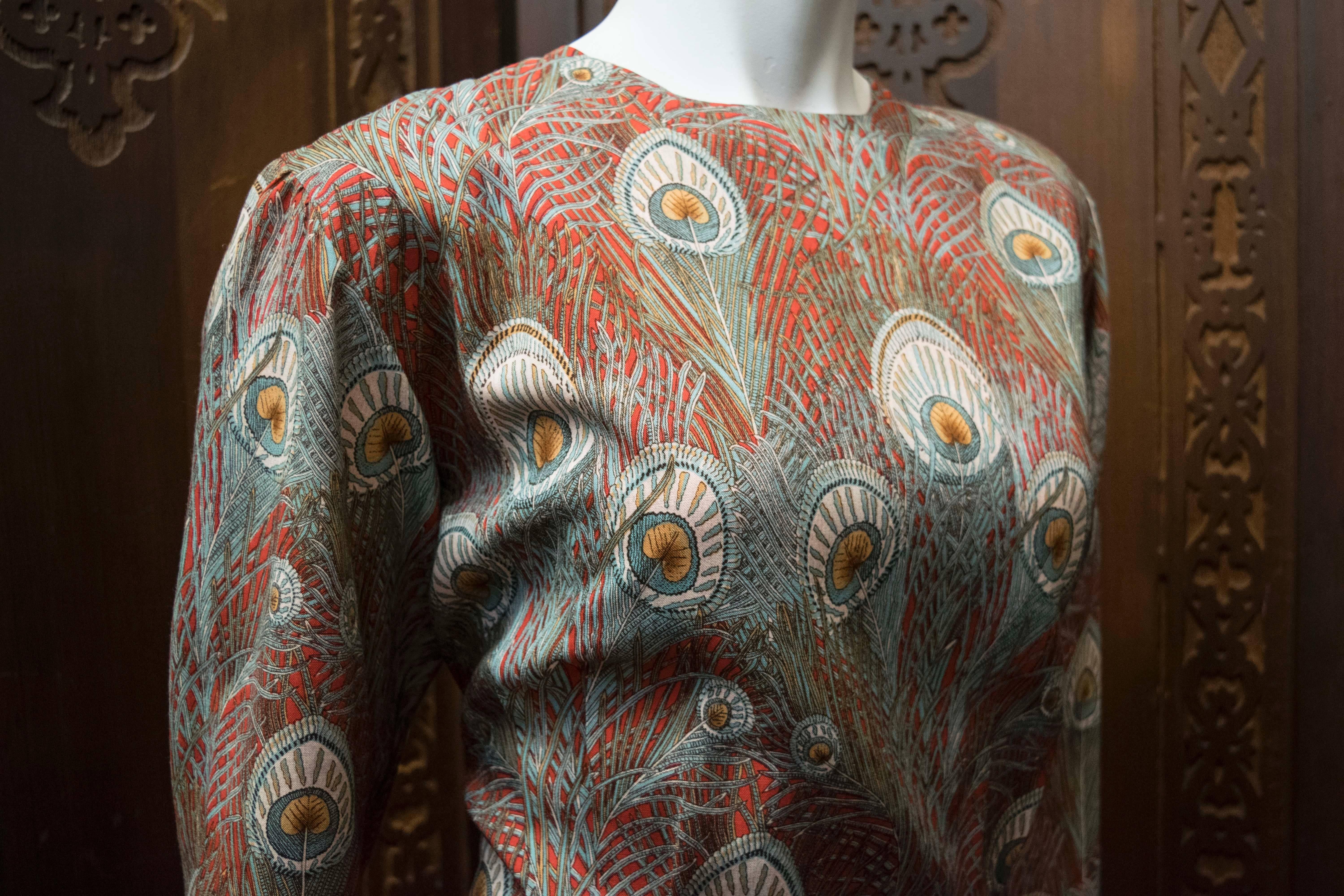 1980s Liberties of London Peacock Print Dress In Excellent Condition In San Francisco, CA