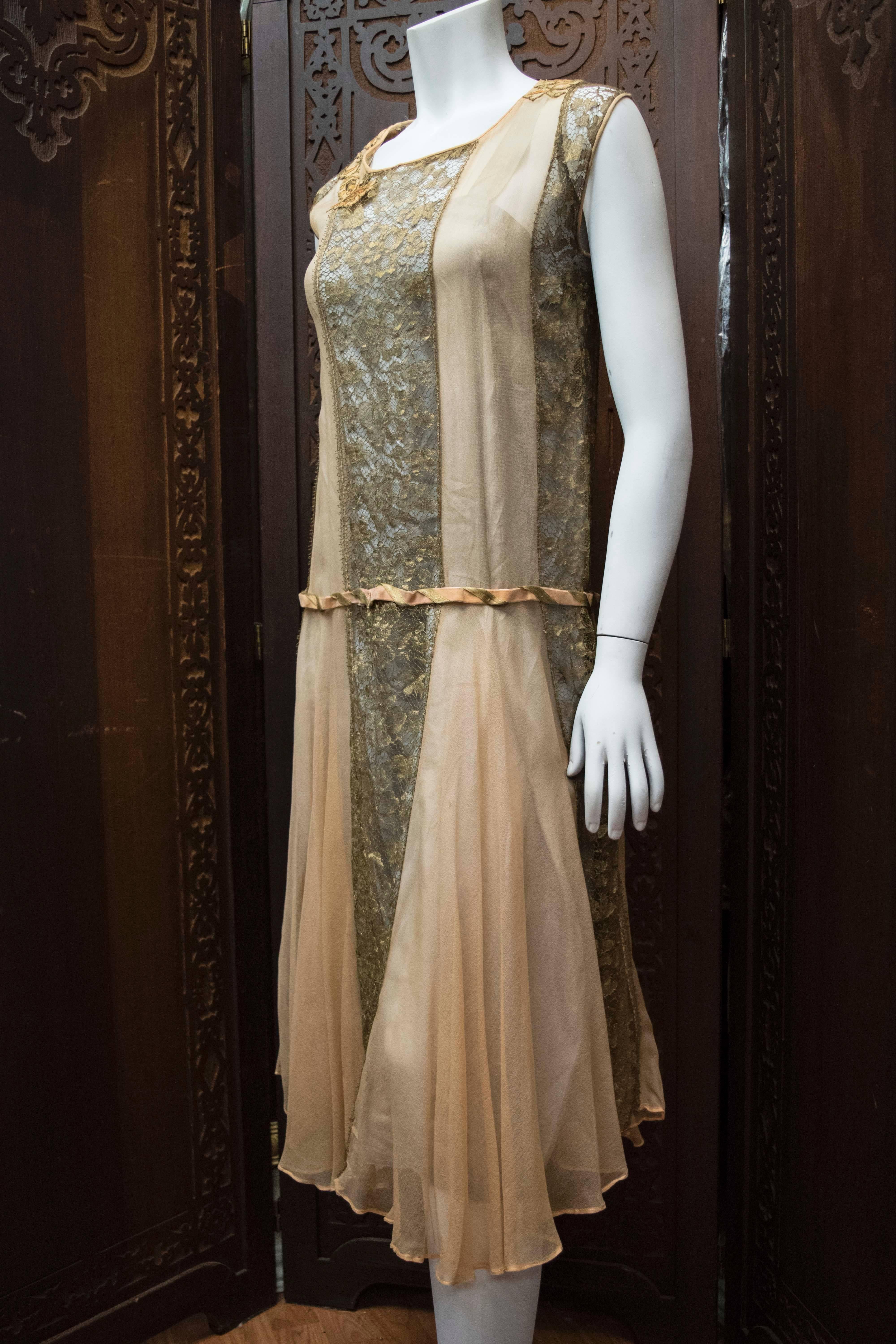 Brown 1920s Lace and Silk Georgette Dress