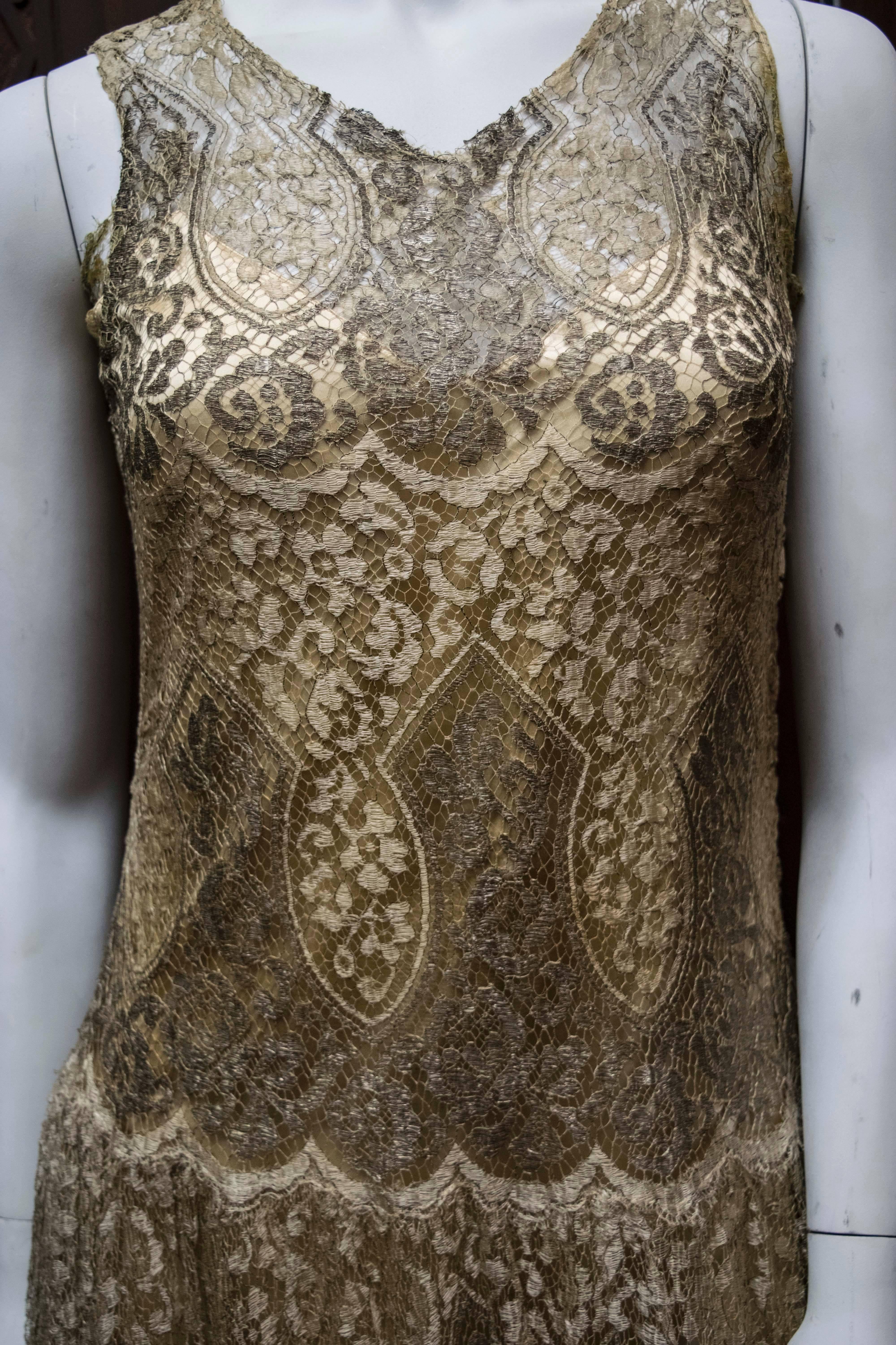 Brown 1920s Silver Lamé Lace Dress