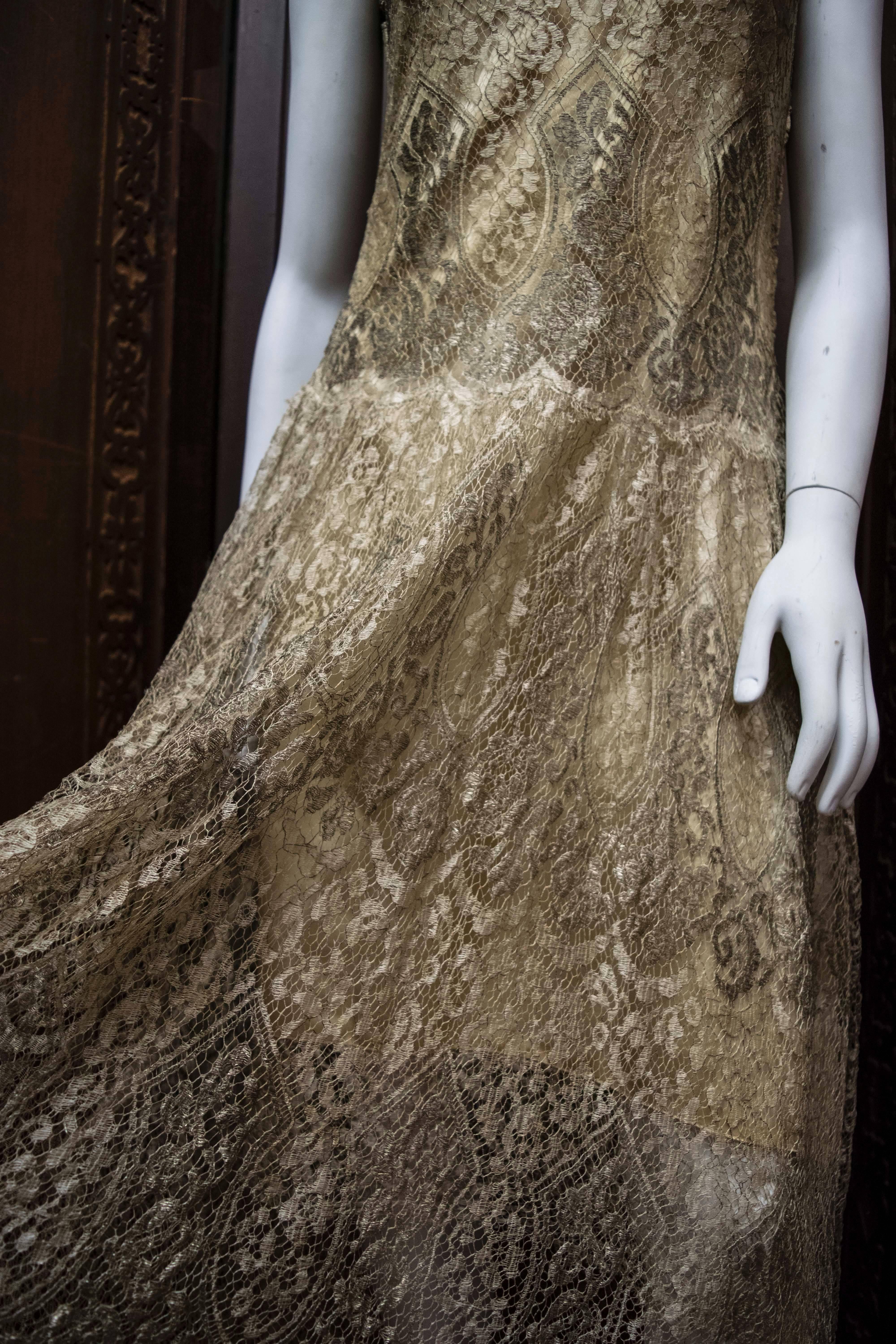 1920s Silver Lamé Lace Dress In Good Condition In San Francisco, CA