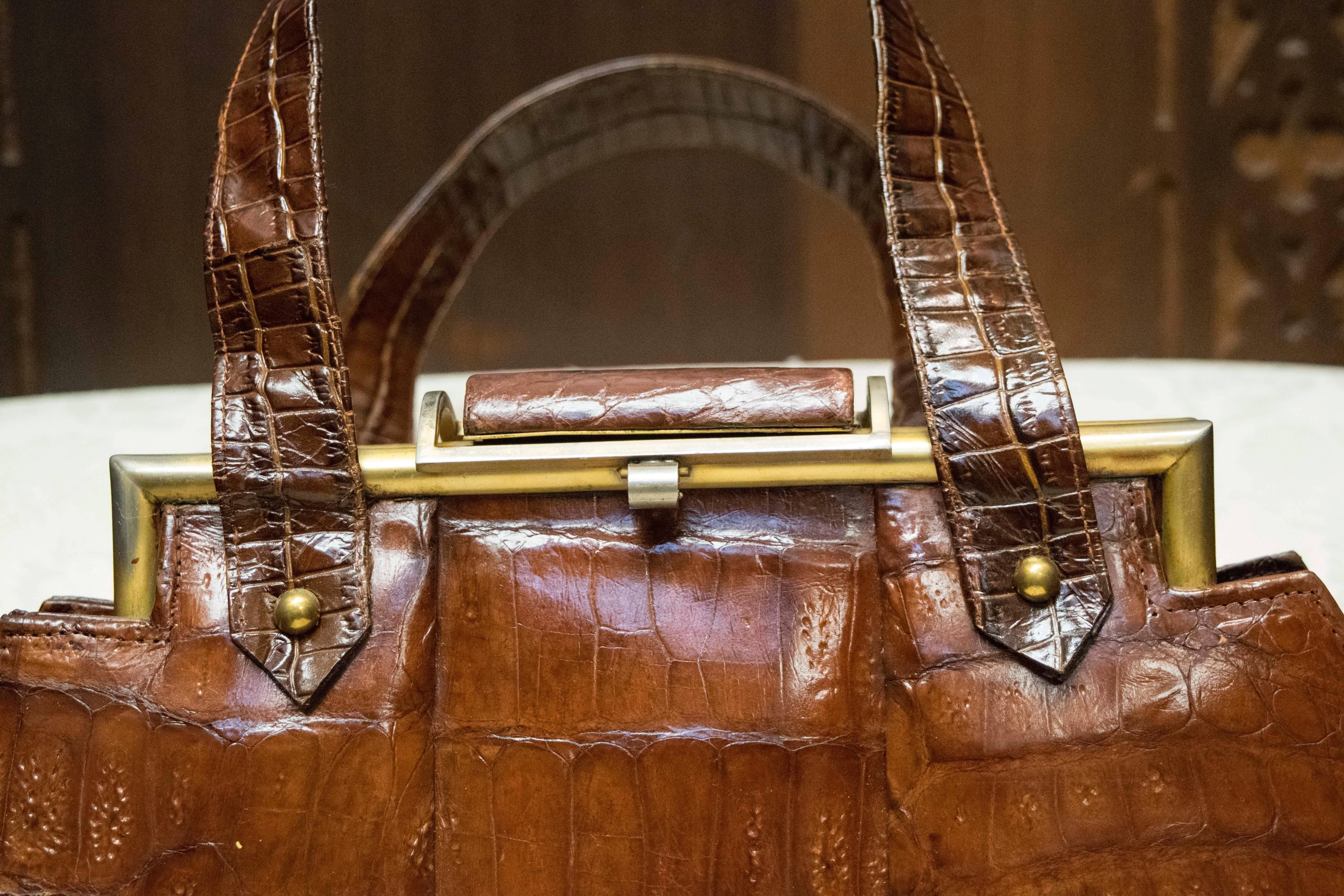 Brown 1940s Art Deco Aligator Handbag