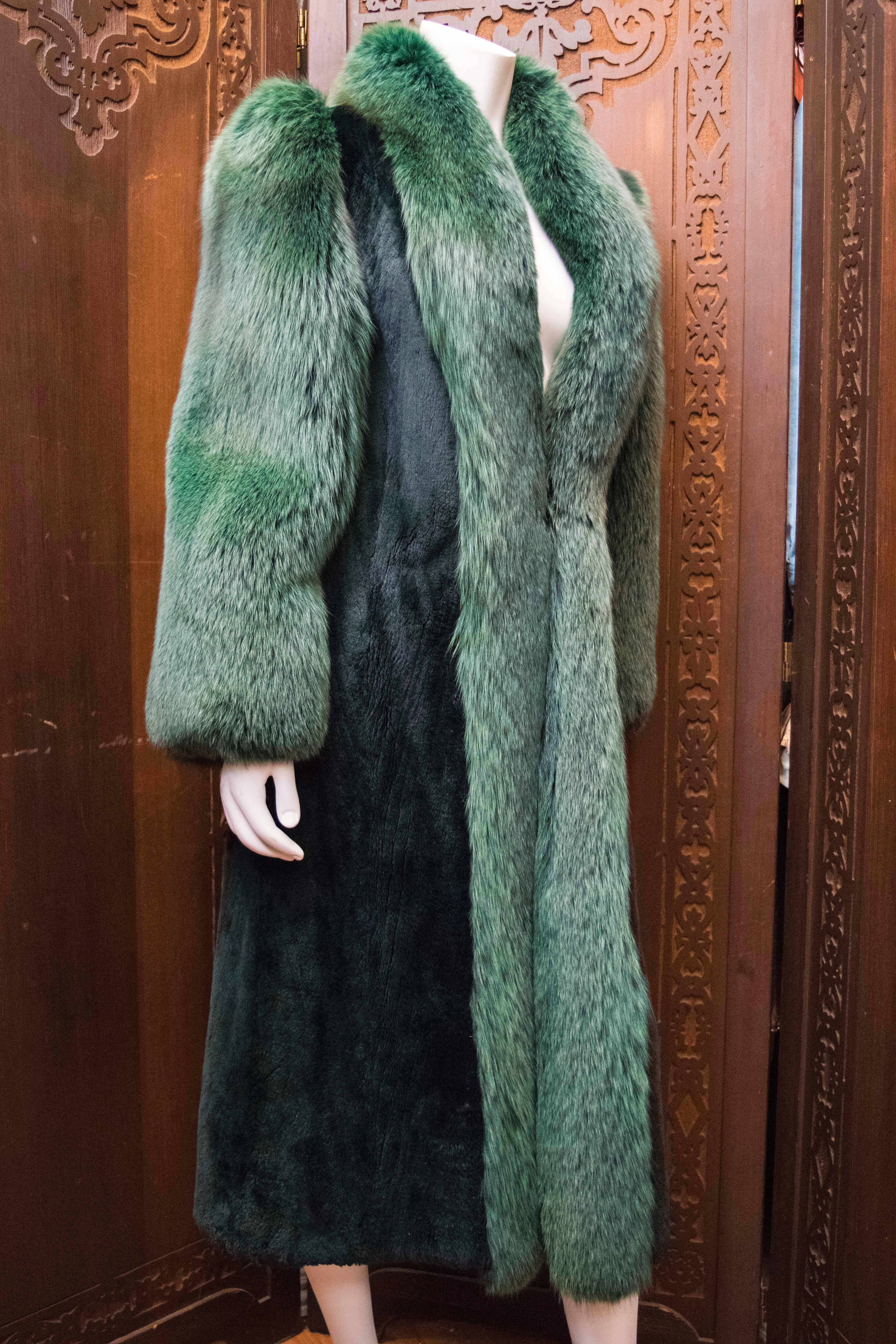 Women's 1980s Saks Fifth Avenue Green Fox and Sheered Mink Fur Coat