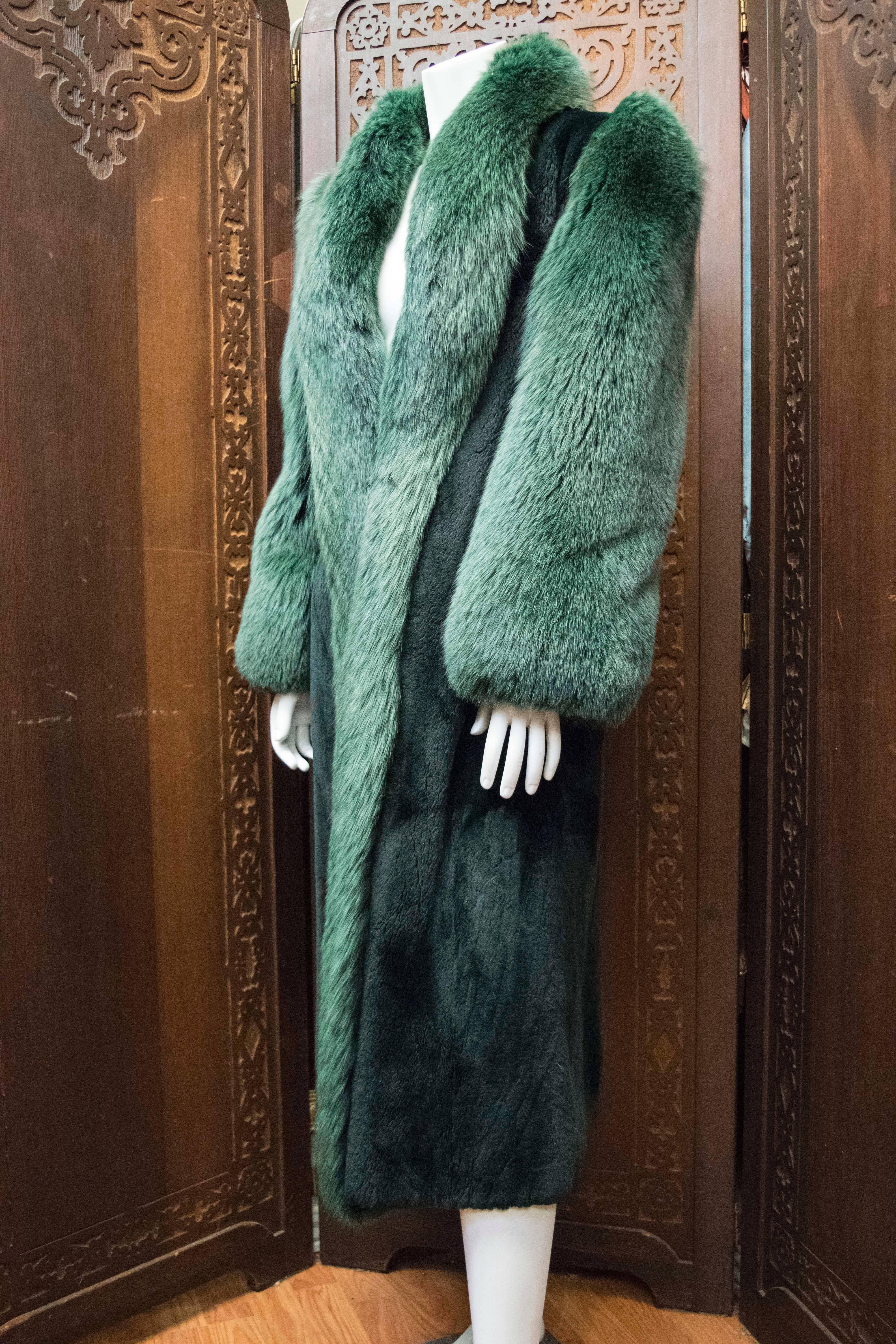 1980s Saks Fifth Avenue Green Fox and Sheered Mink Fur Coat 1