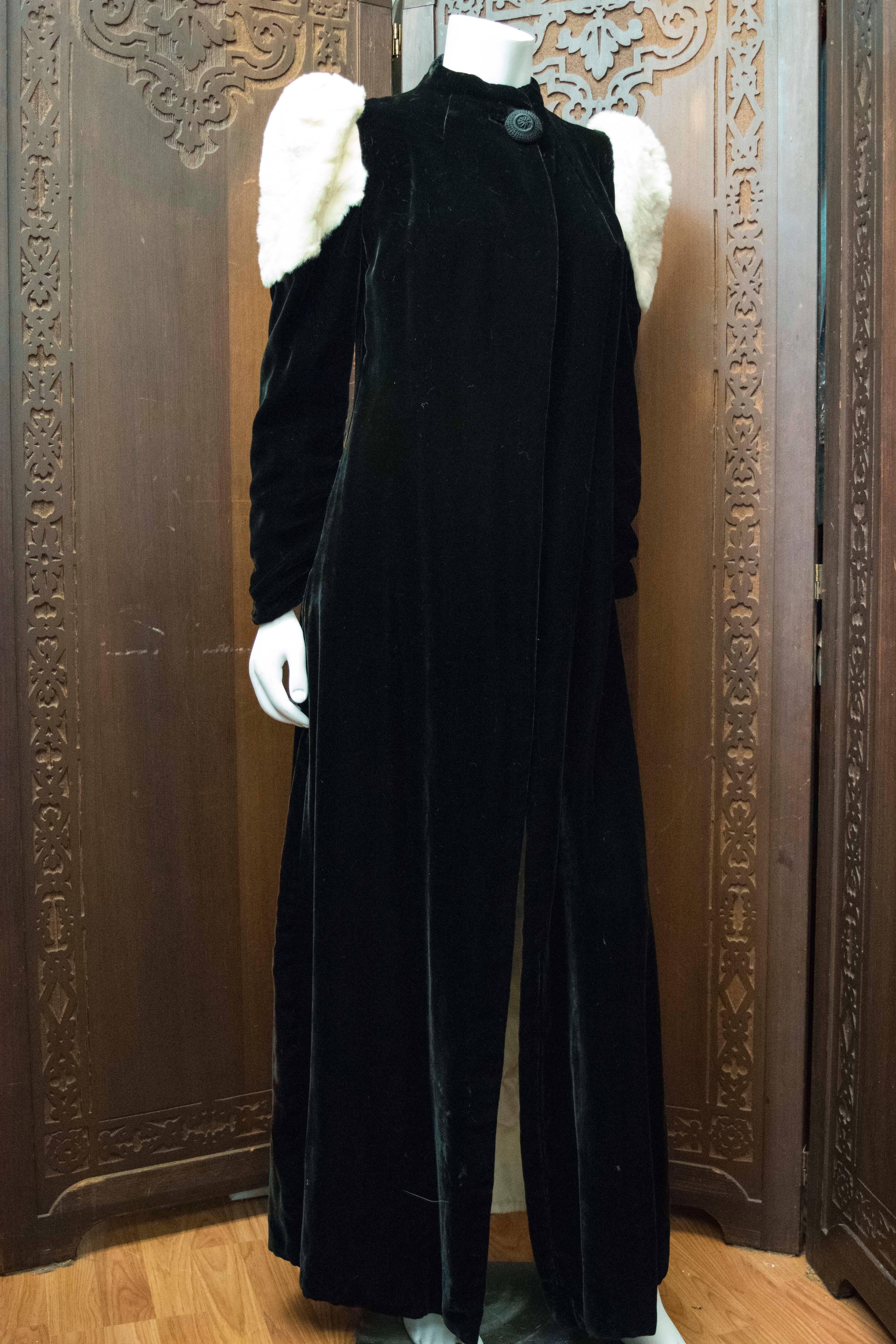 Women's or Men's 1930s Black Velvet and Ermin Opera Coat