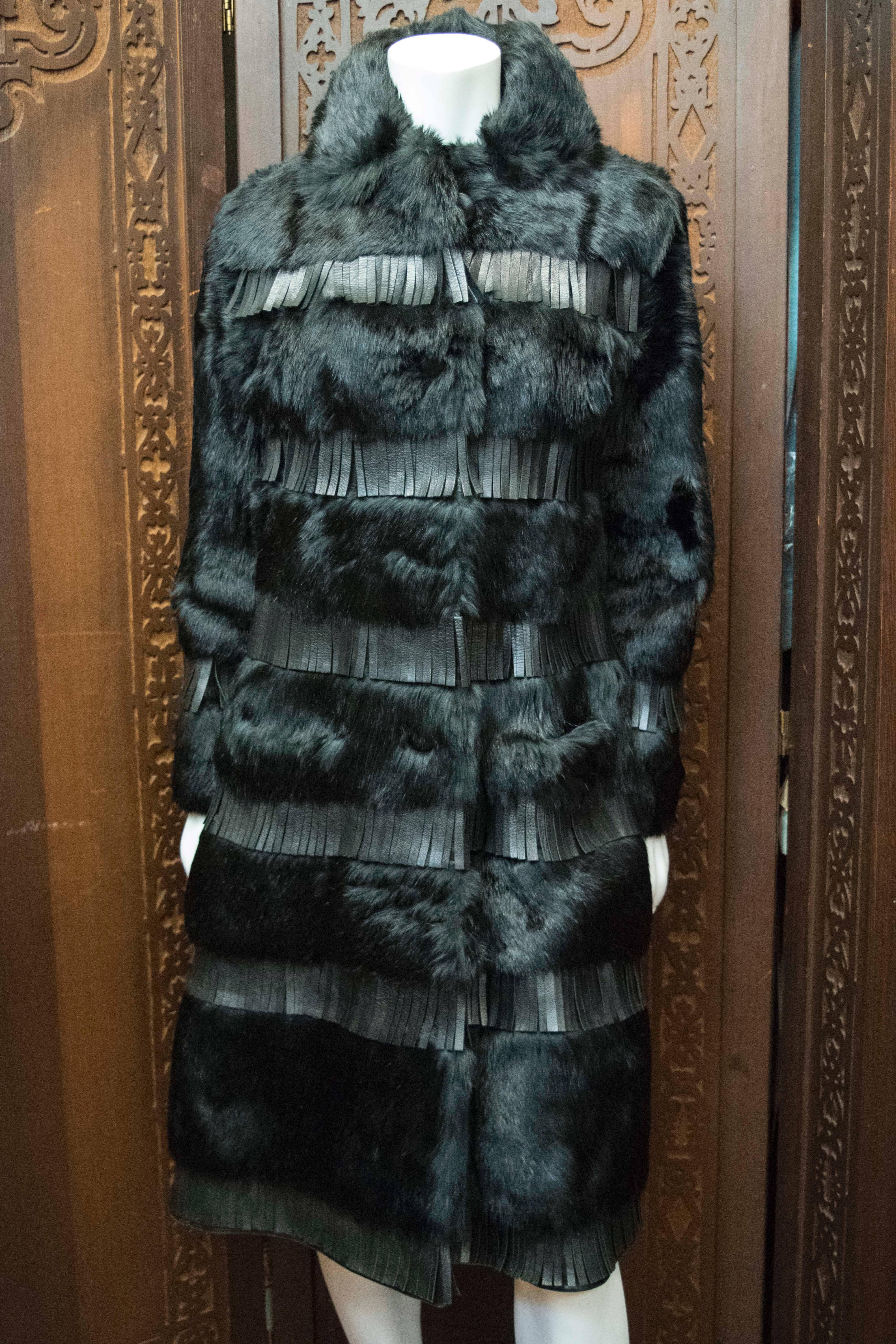 Black Lilli Ann Paris Fringed and Rabbit Fur Coat, 1970s  For Sale