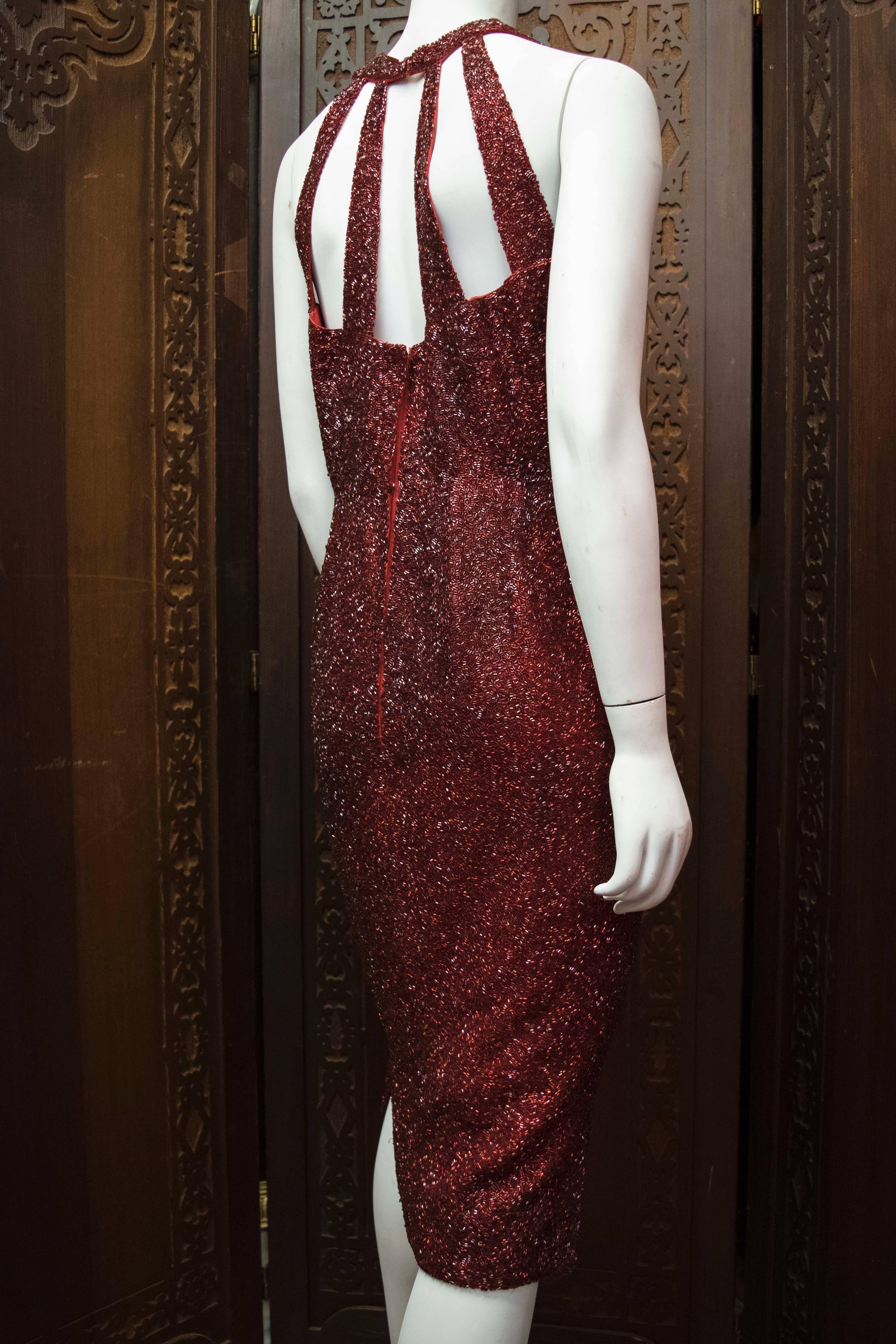 Women's 1950s Lillie Rubin Red Beaded Cocktail Dress For Sale