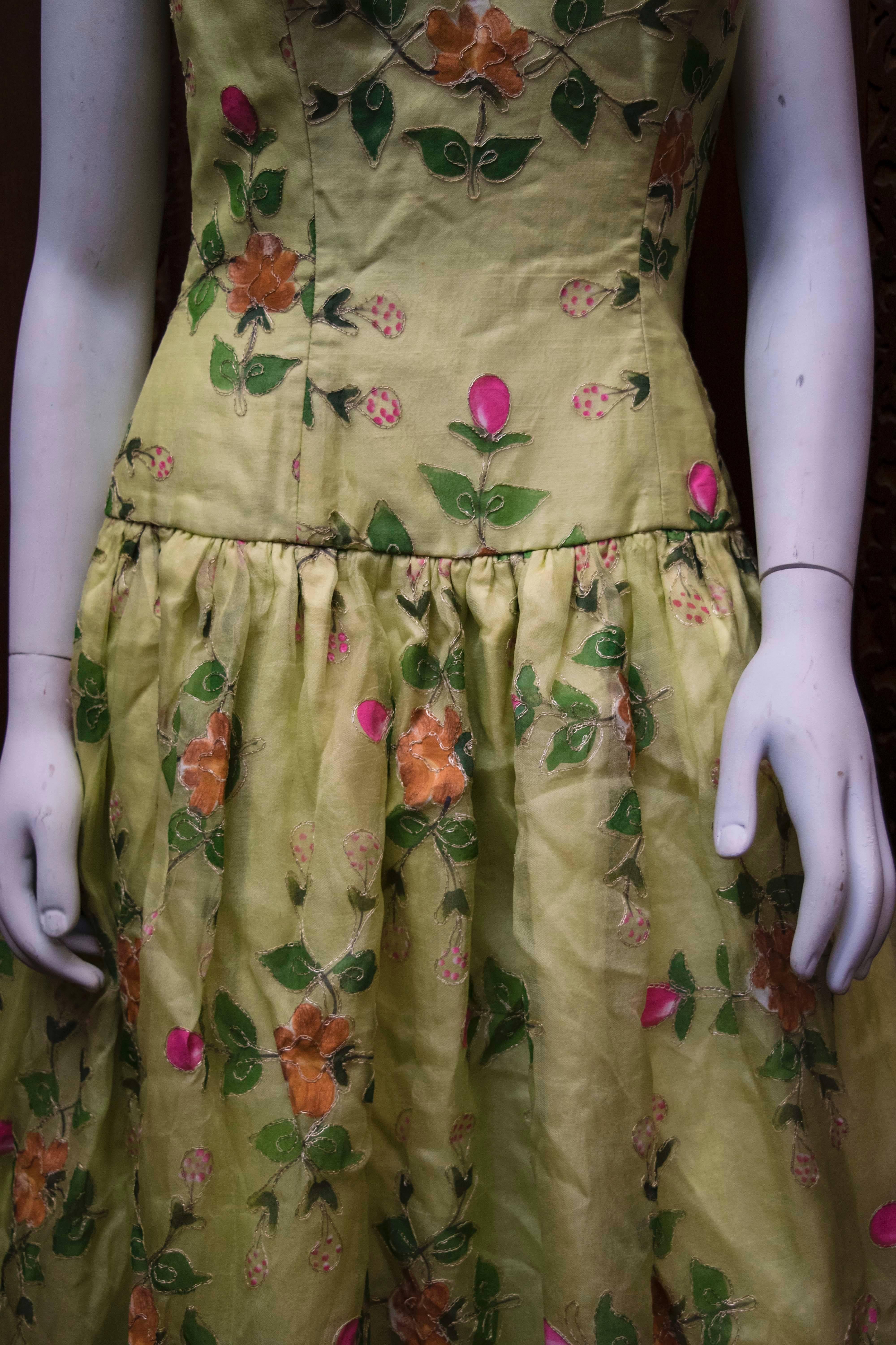 Women's 1960s Max Nugus Couture Light Green Hand Painted Gown  For Sale