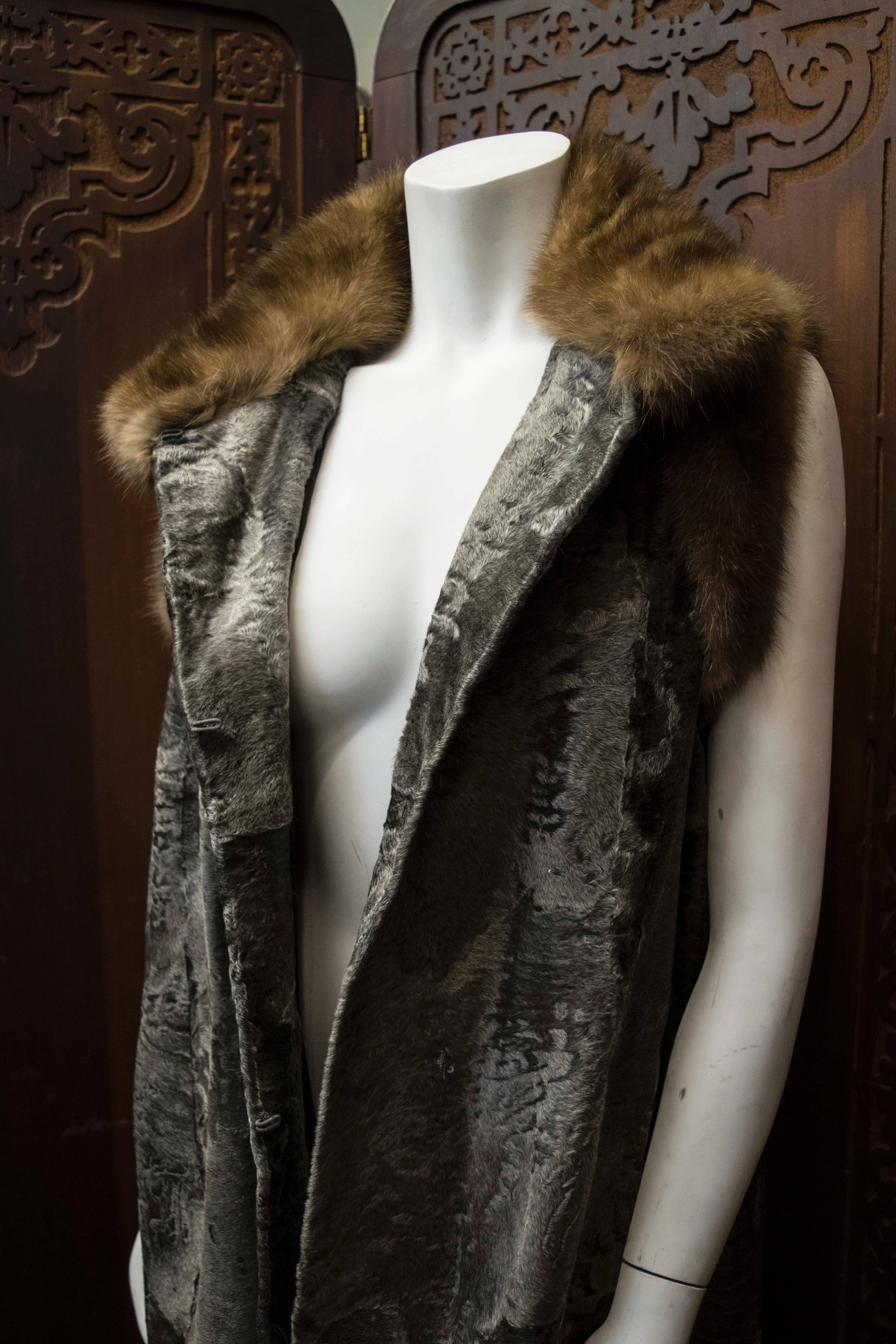 Galanos Grey Broadtail Lamb and Sable Fur Coat For Sale 1