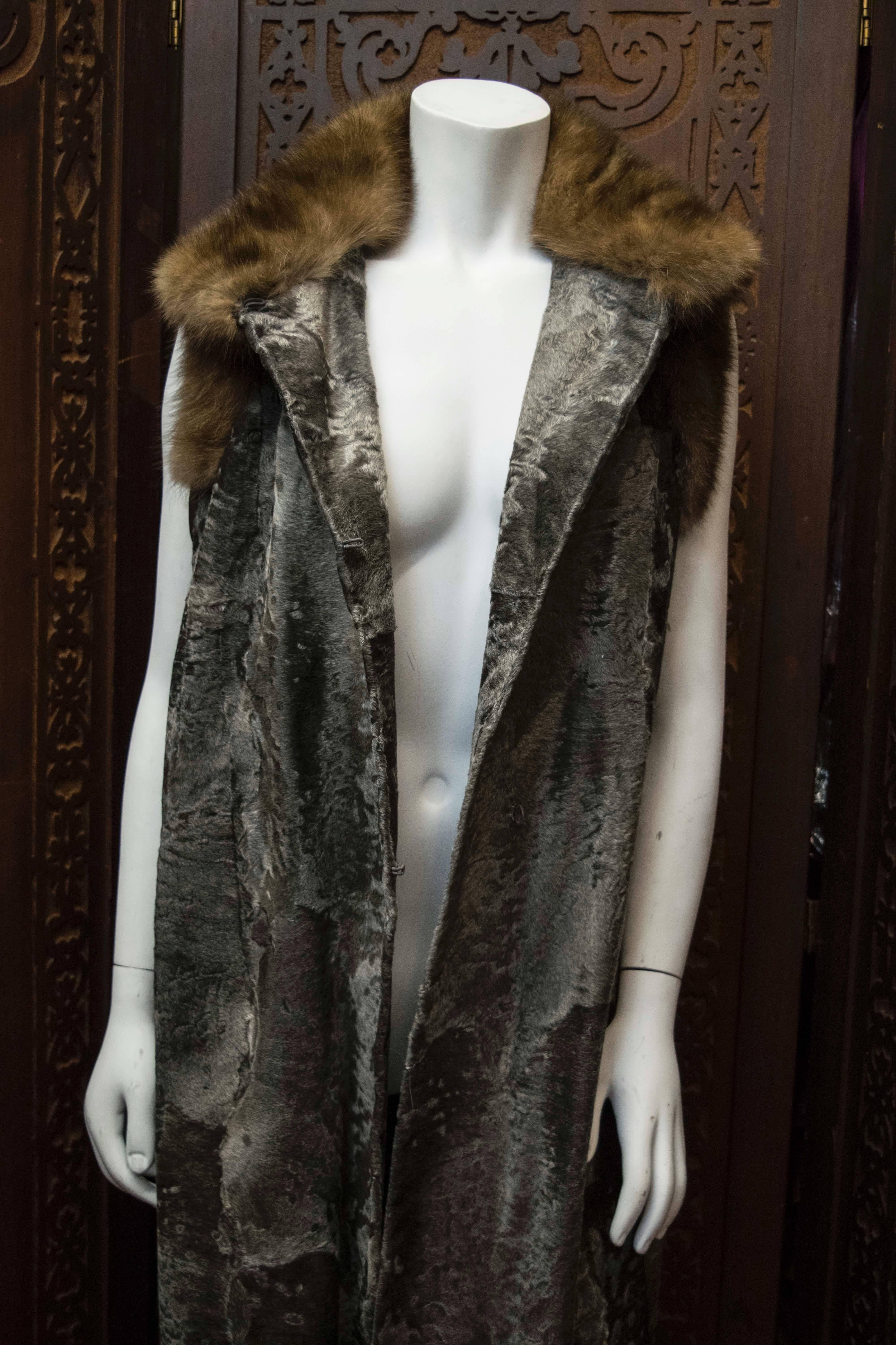 Women's Galanos Grey Broadtail Lamb and Sable Fur Coat For Sale