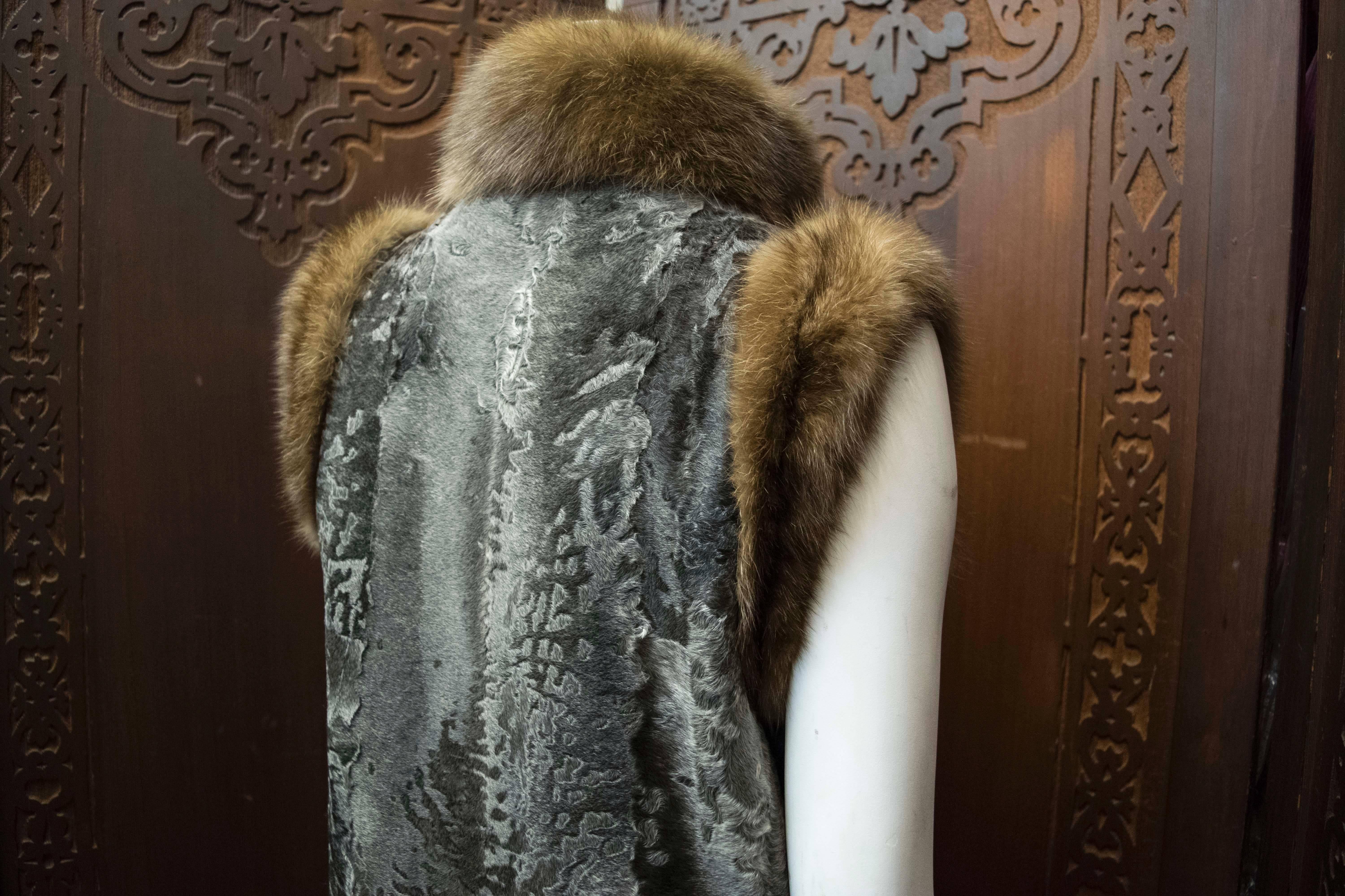 Black Galanos Grey Broadtail Lamb and Sable Fur Coat For Sale