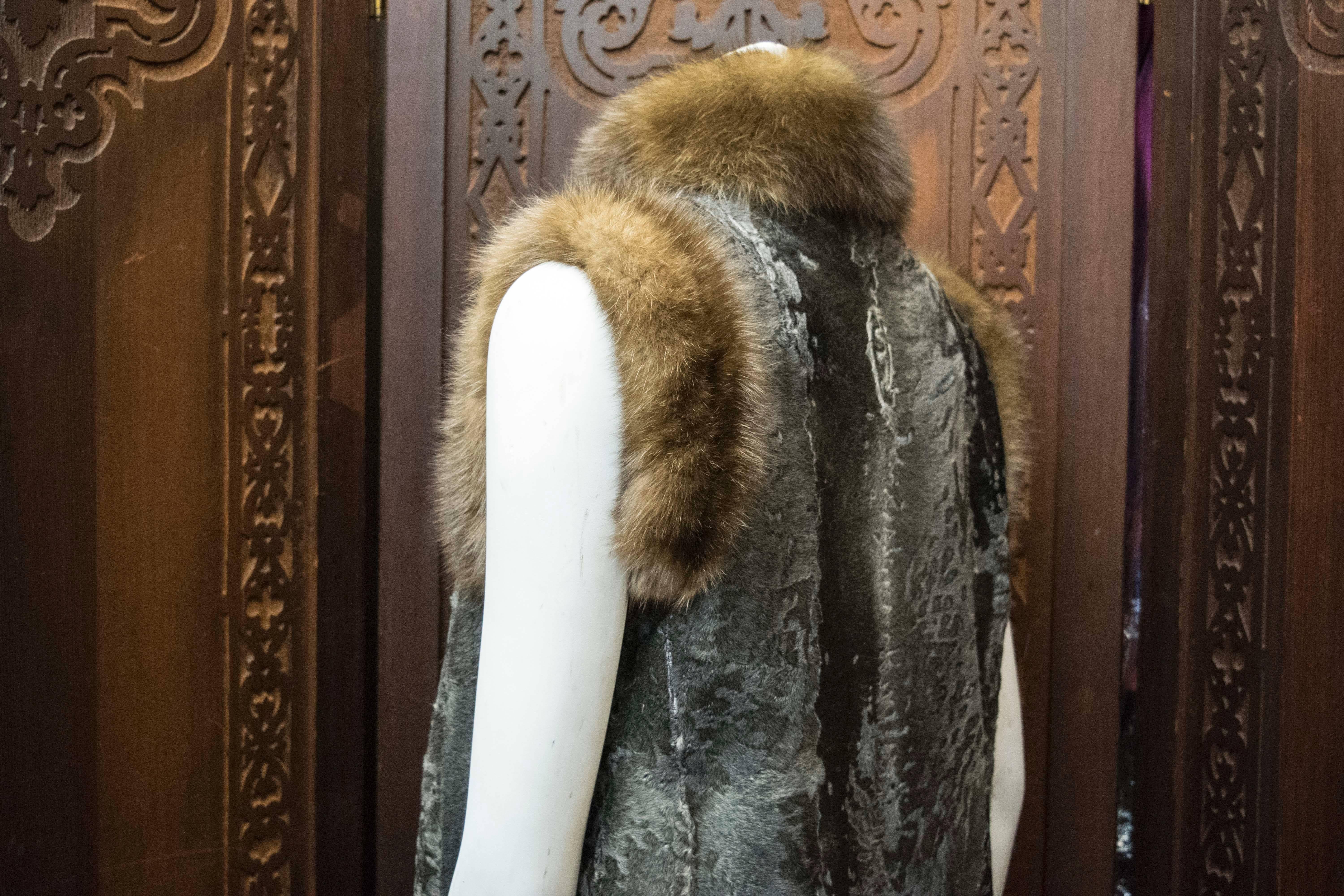 Galanos Grey Broadtail Lamb and Sable Fur Coat In Excellent Condition For Sale In San Francisco, CA