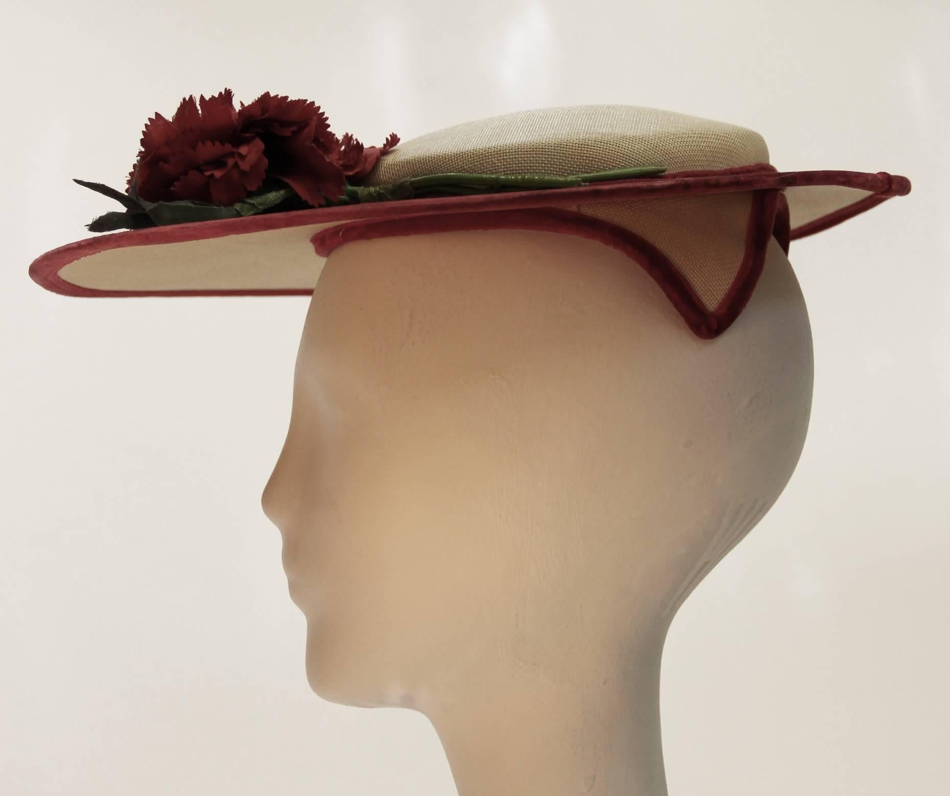 Brown 1950s Vintage Wide Brimmed Straw Woven Sun Hat with Red Velvet trim and Flowers