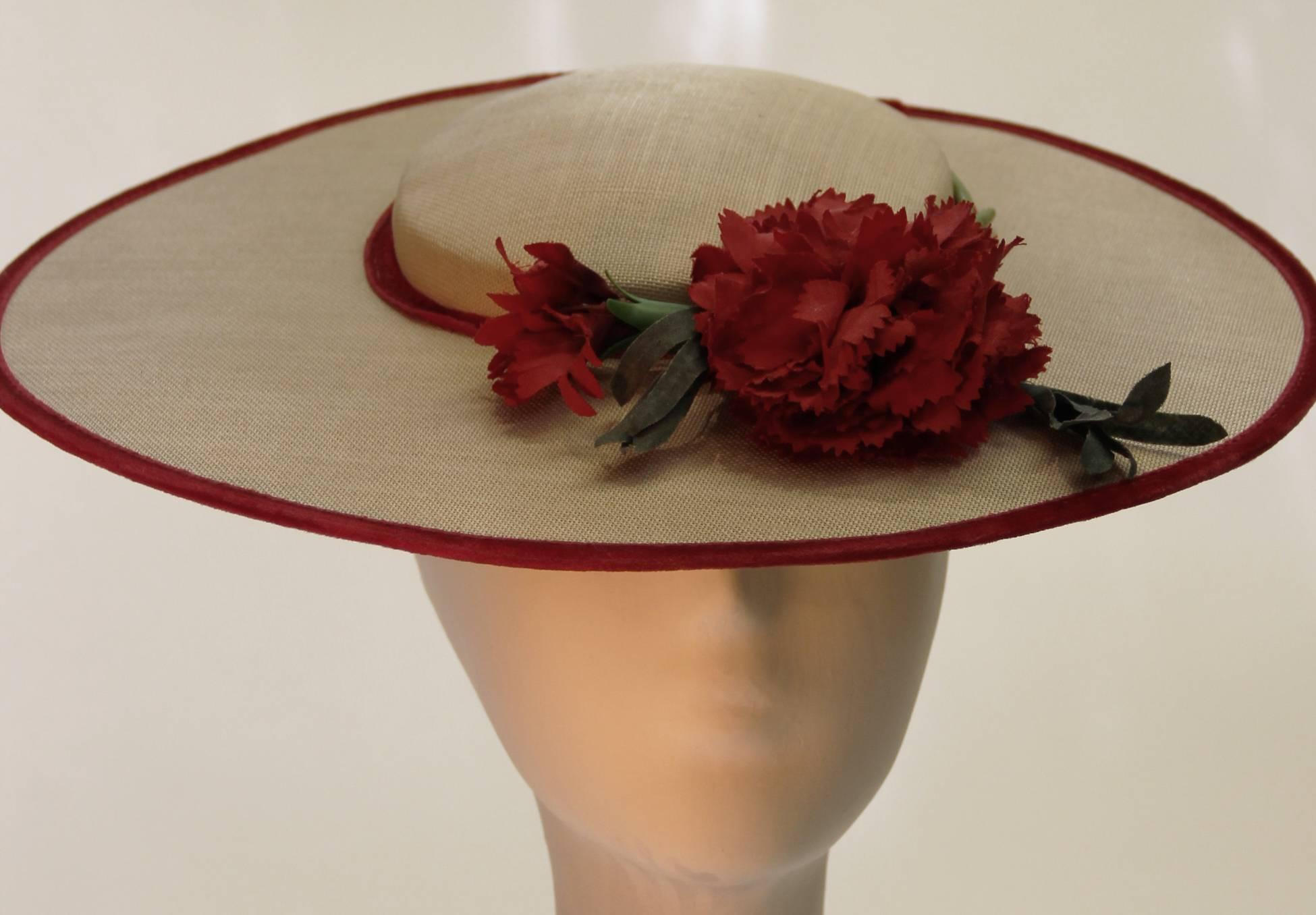 Women's 1950s Vintage Wide Brimmed Straw Woven Sun Hat with Red Velvet trim and Flowers