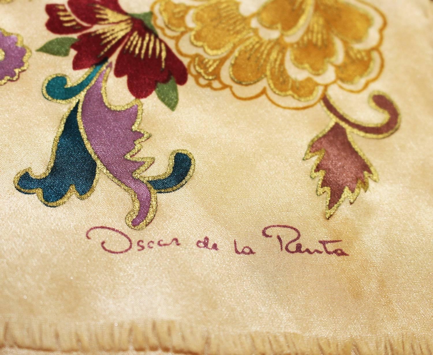 1980s Oscar de la Renta hand painted silk scarf. Hand rolled. Exotic floral design. 
