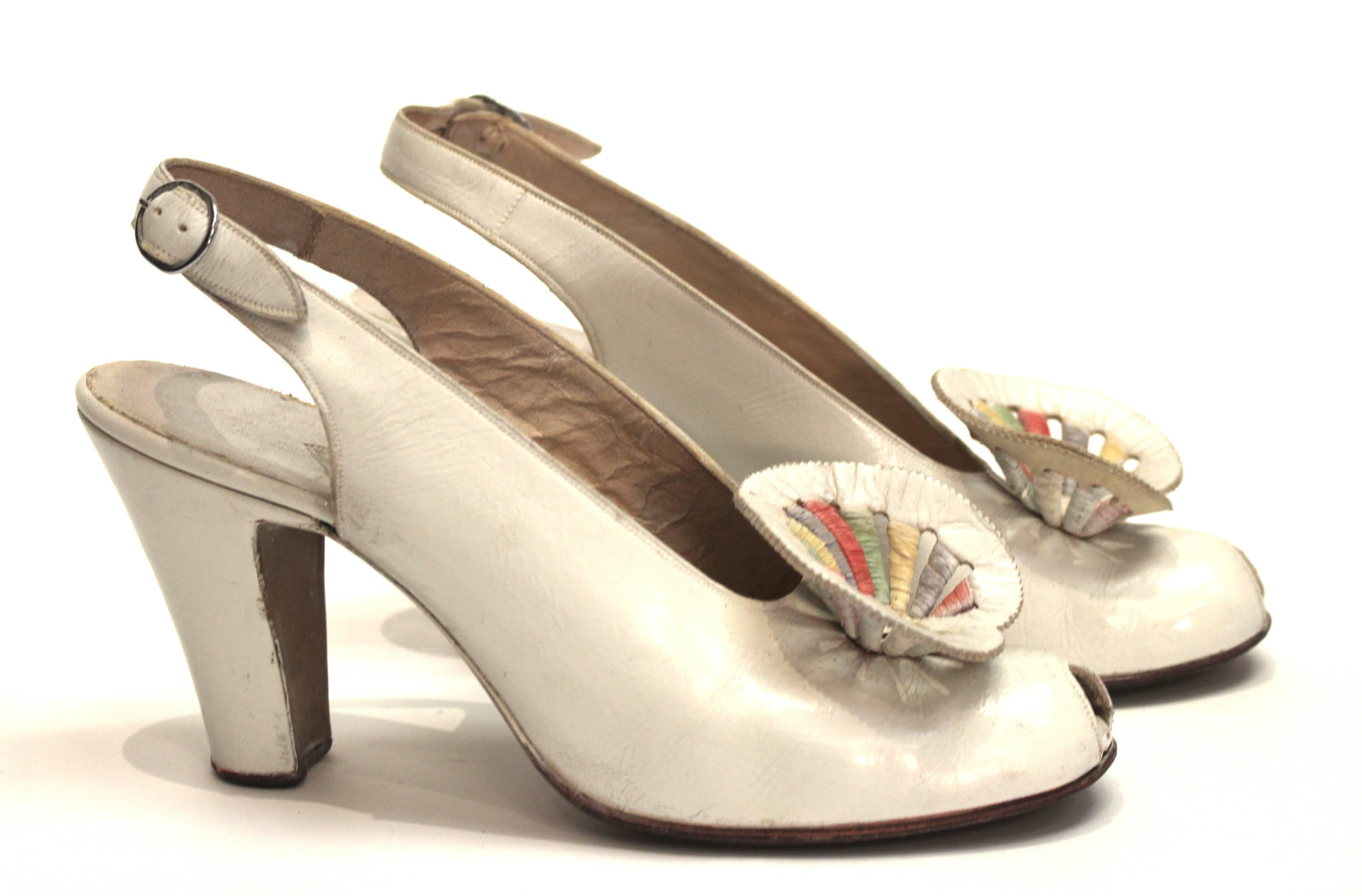 Beige 30s Bally Slingback Peep-toe Heels