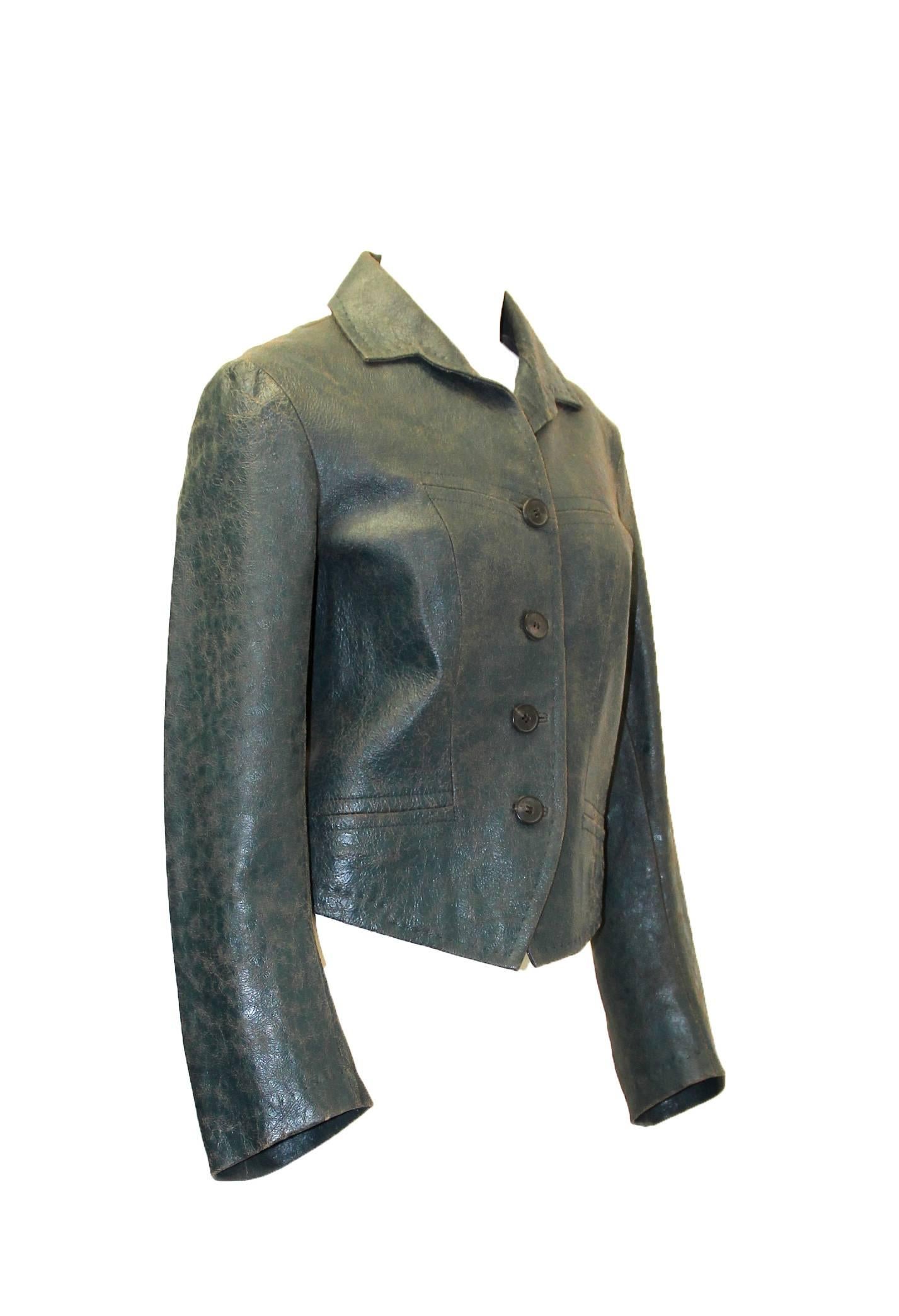 Dries Van Noten 1990s teal crackle leather jacket with stick-notch trim. 
Size 36

Measurements:
Shoulders: 24