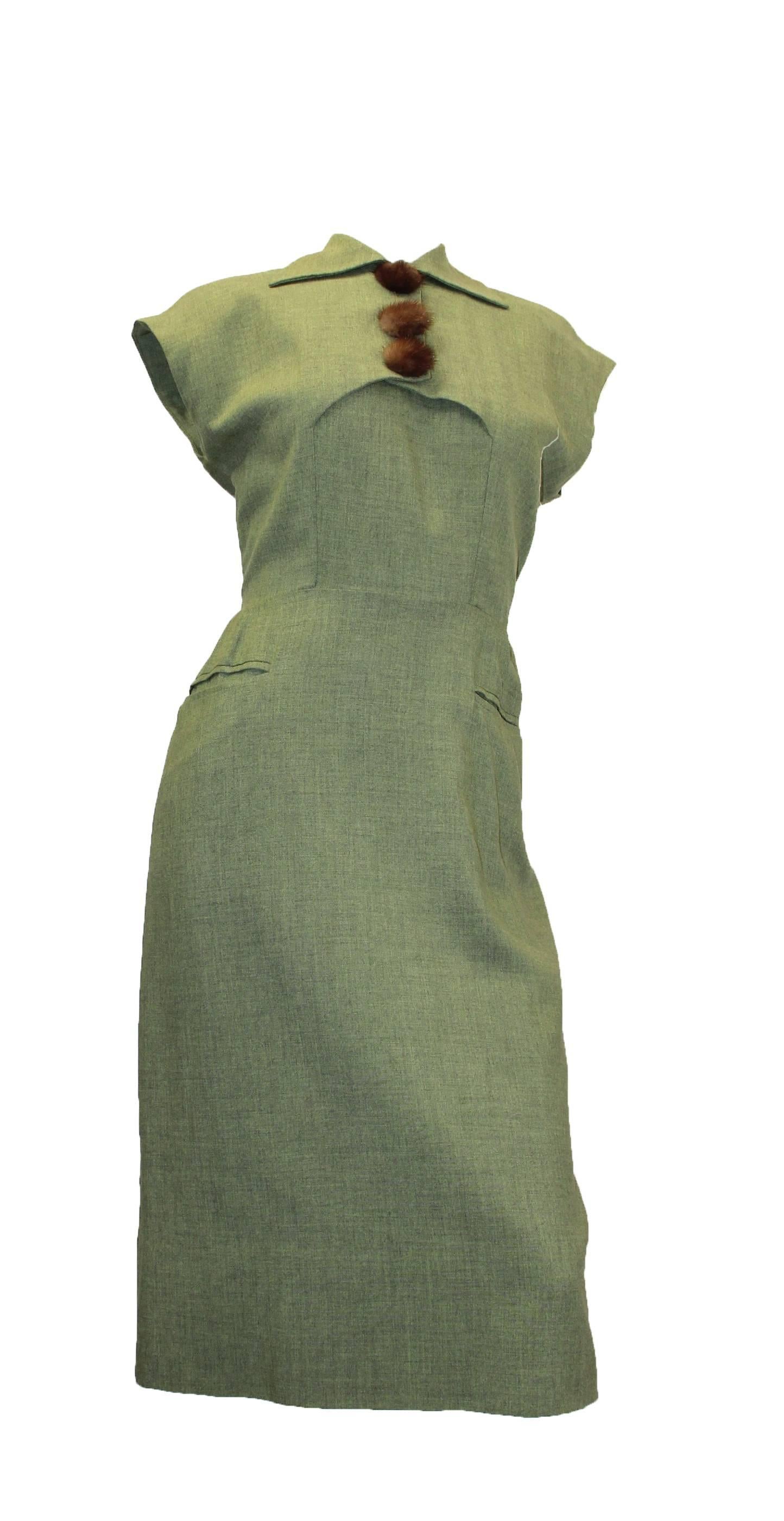 Gray 1950s Jack Mann Dress and Matching Hat Both with Mink Fur Accents 