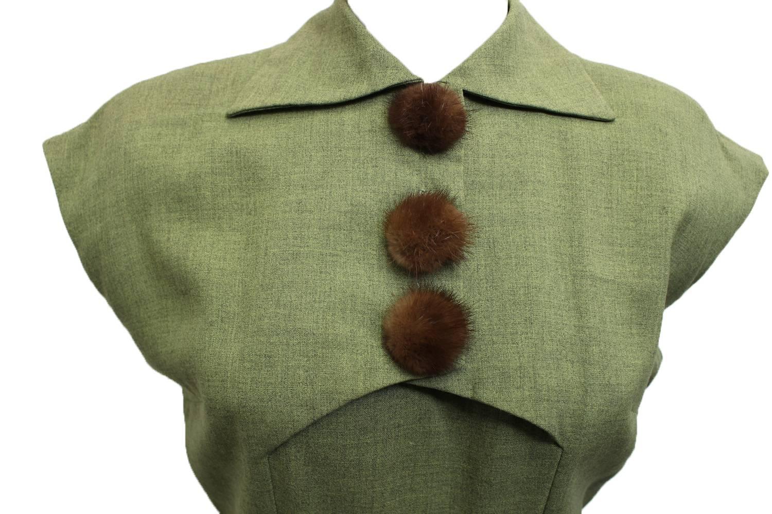1950s Jack Mann Dress and Matching Hat Both with Mink Fur Accents  1