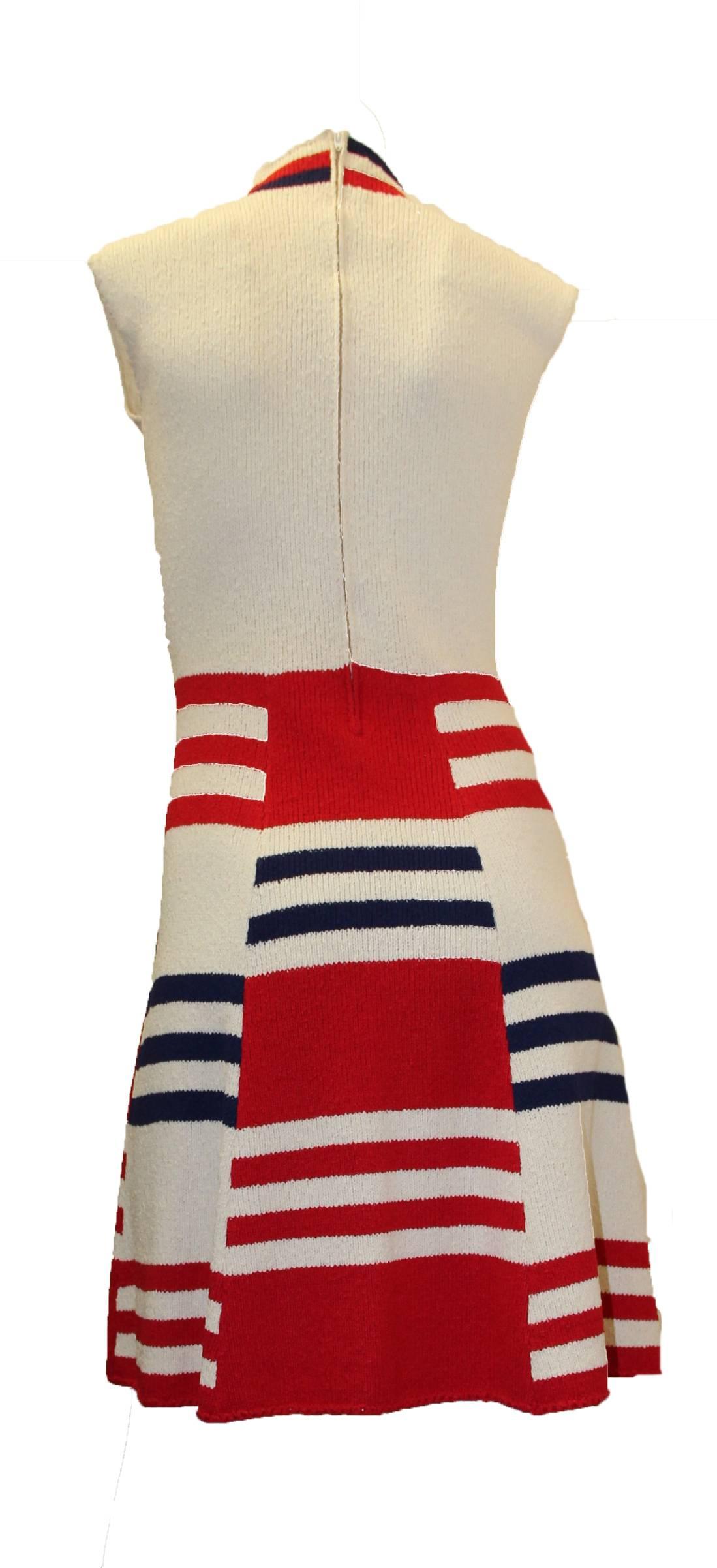 Beige 1960s Mod Red White & Blue Dress