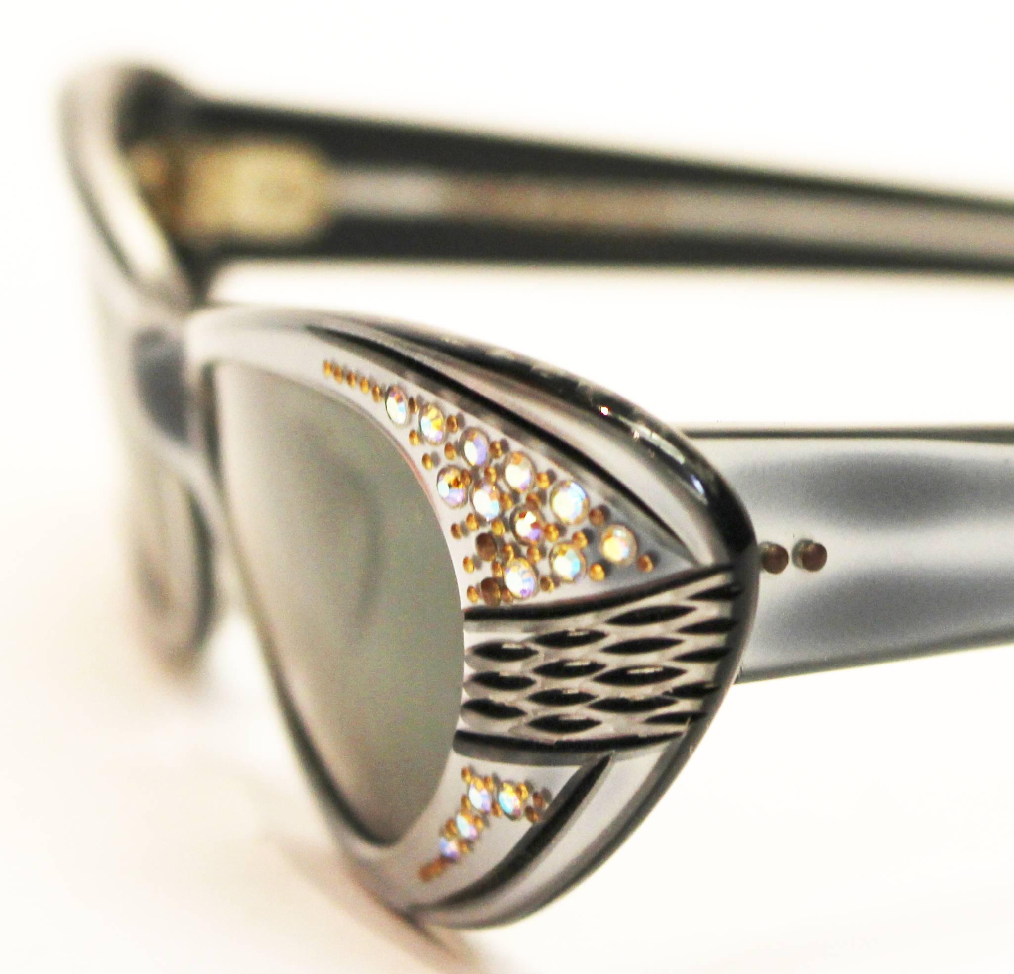 Gray 1960s Made in France Cat Eye Rhinestone Metallic Sunglasses
