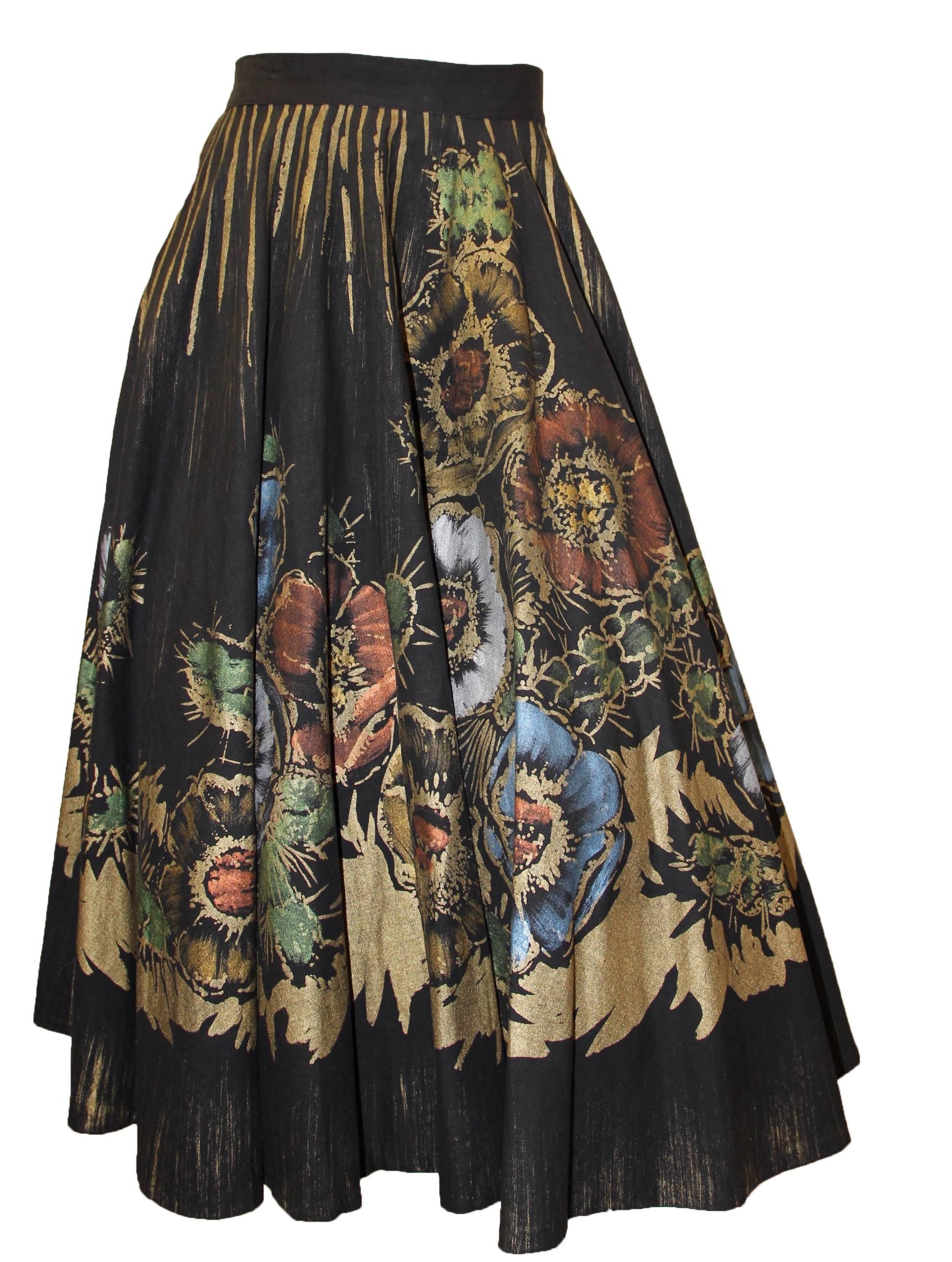 Black 1950s Hand Painted Floral Circle Skirt 