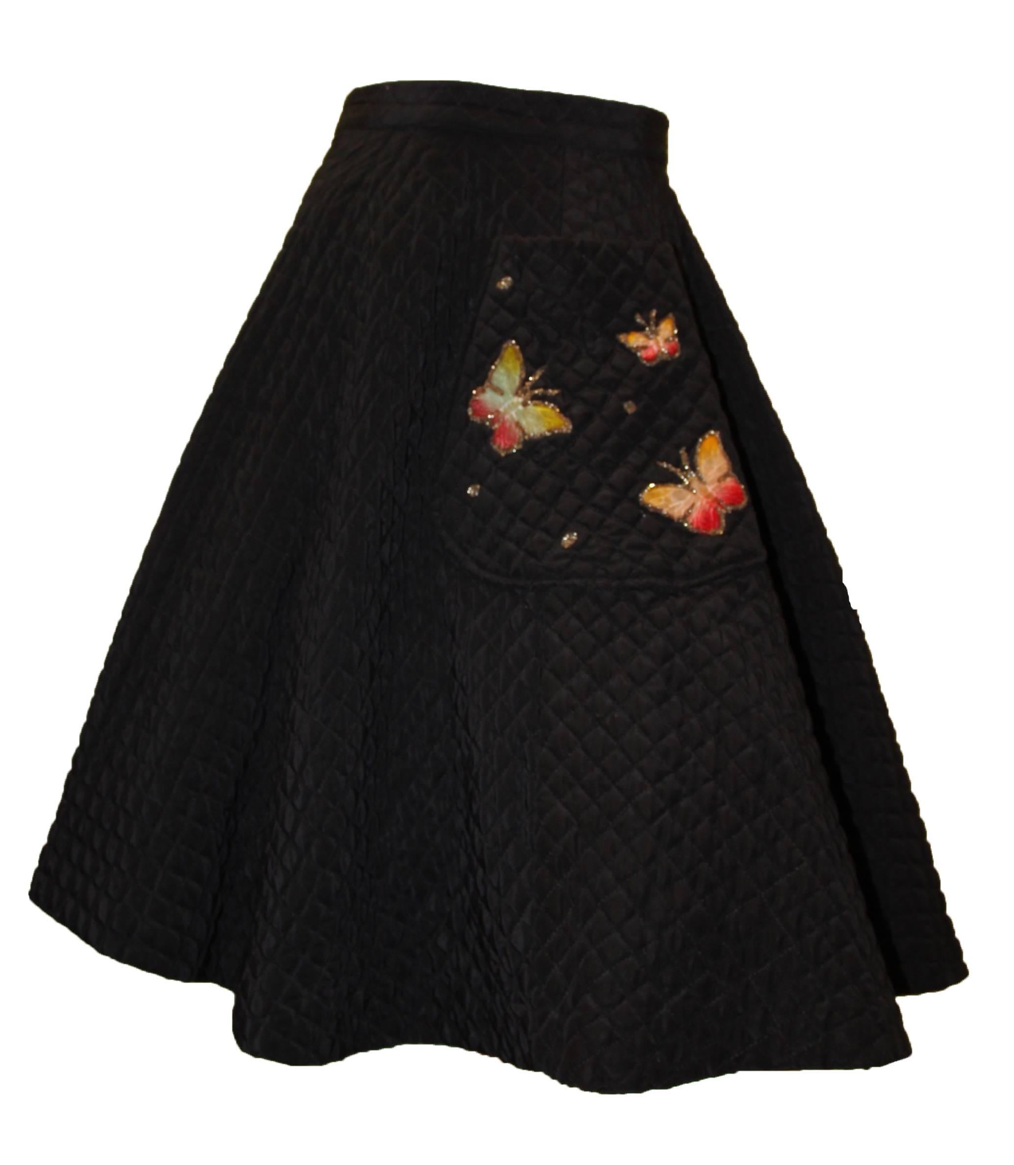 Black 50s Quilted Circle Skirt with Hand Painted Butterflies