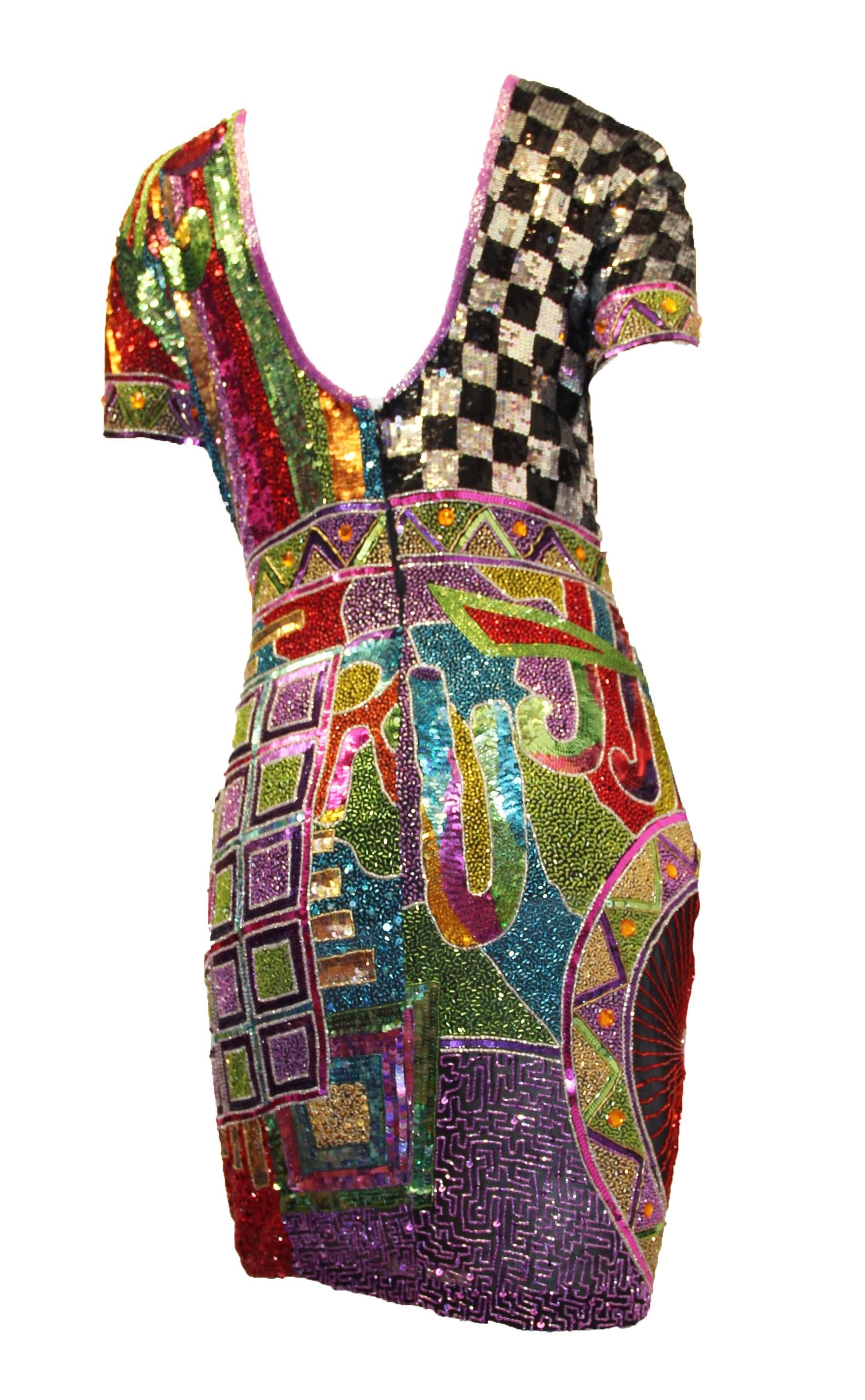 80s multi colored heavily beaded and sequined Naeem Khan cocktail dress. Fully lined. Zips up the back

