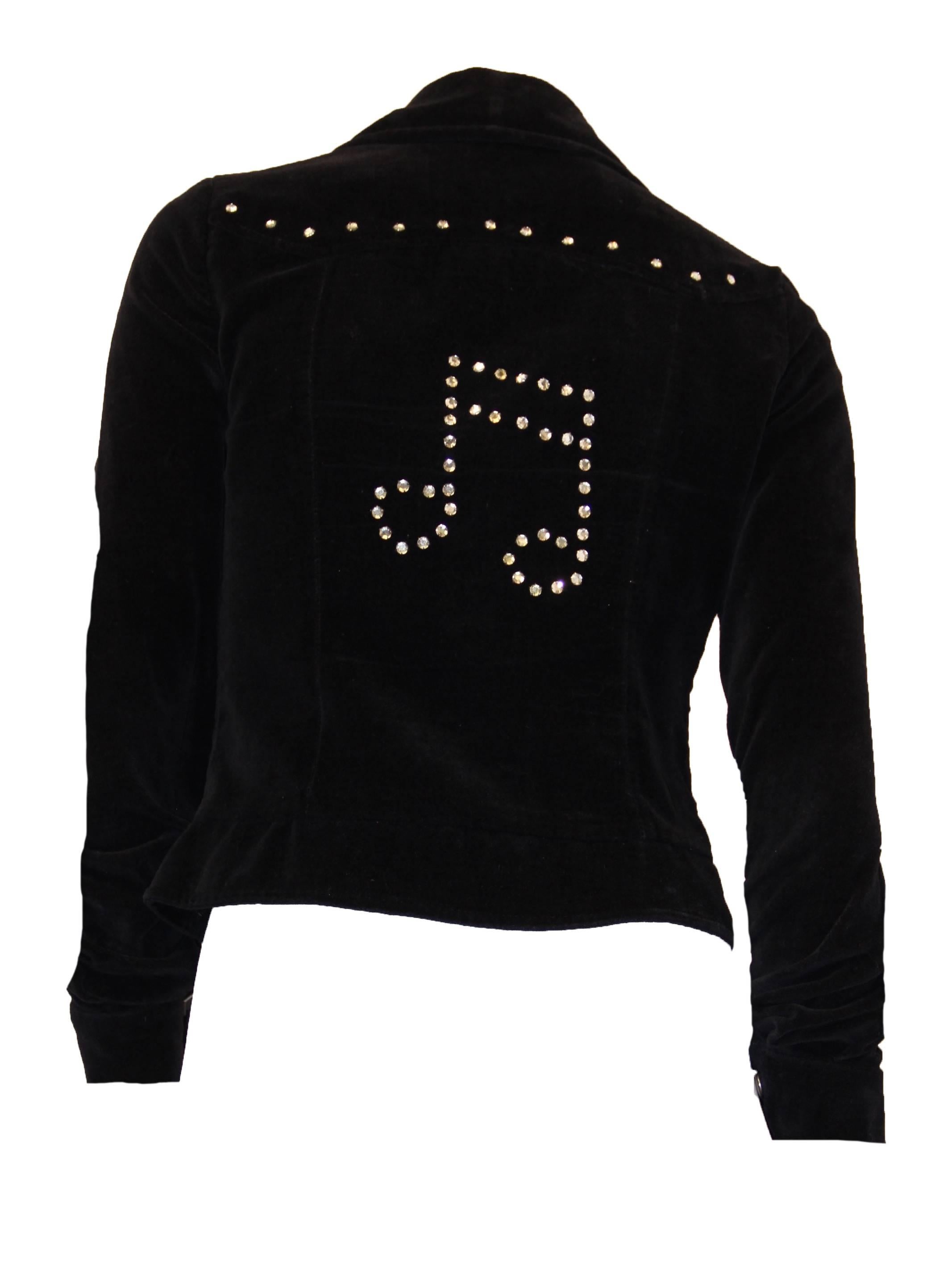 1960s cotton velvet rhinestone studded music note jacket. Snaps up the front, and on cuffs. Faux front flap pockets

Measurements:
Shoulders: 27