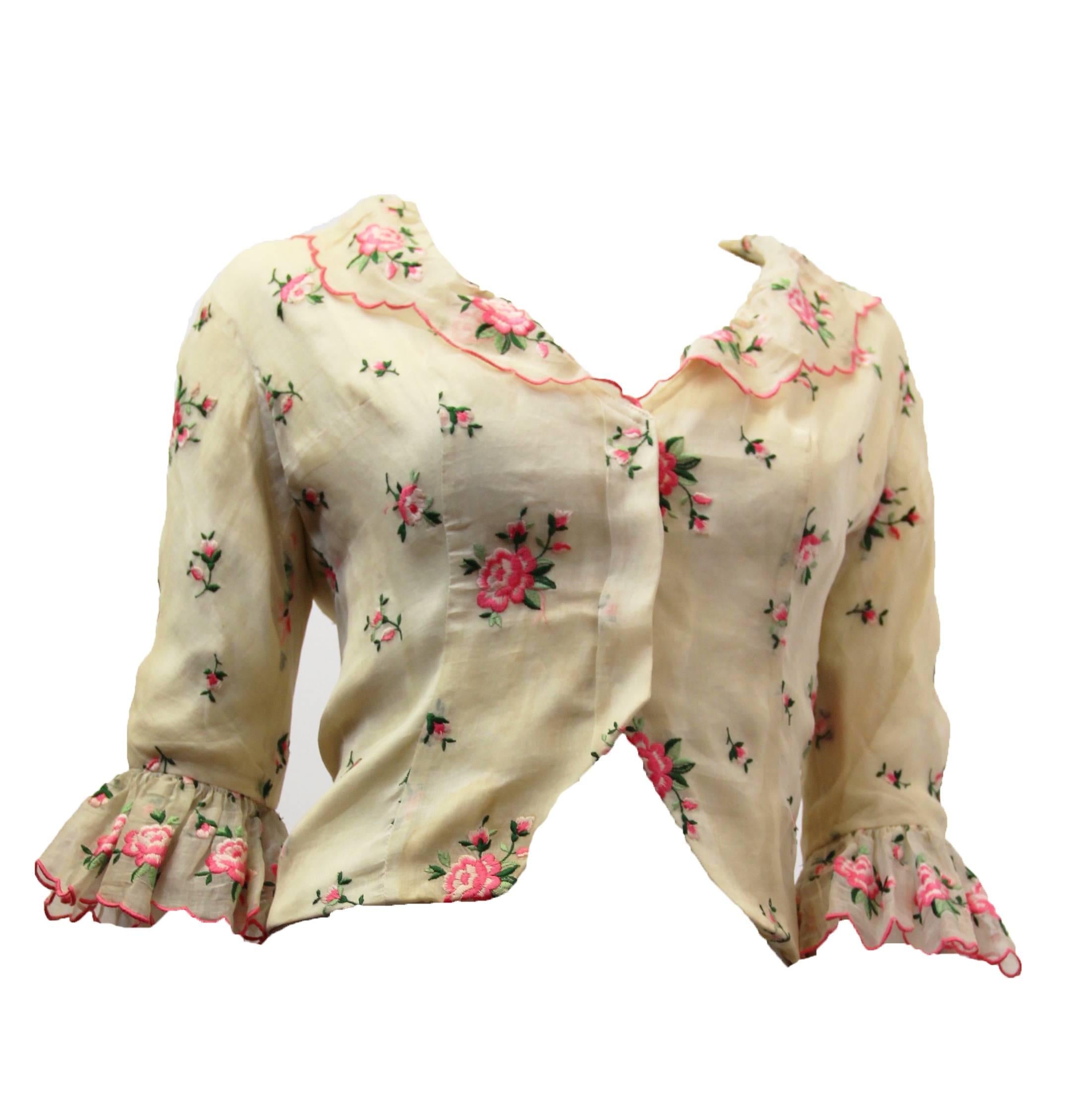 Beige 50s Castillo Organdy Rose Embroidered Blouse with Ruffle Collar and Cuffs