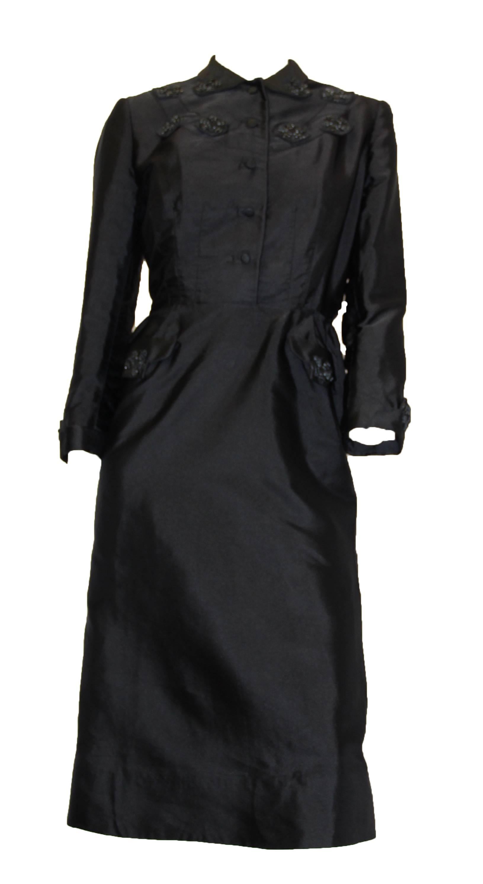 50's Hattie Carnegie black silk faille evening dress with embellishments. 