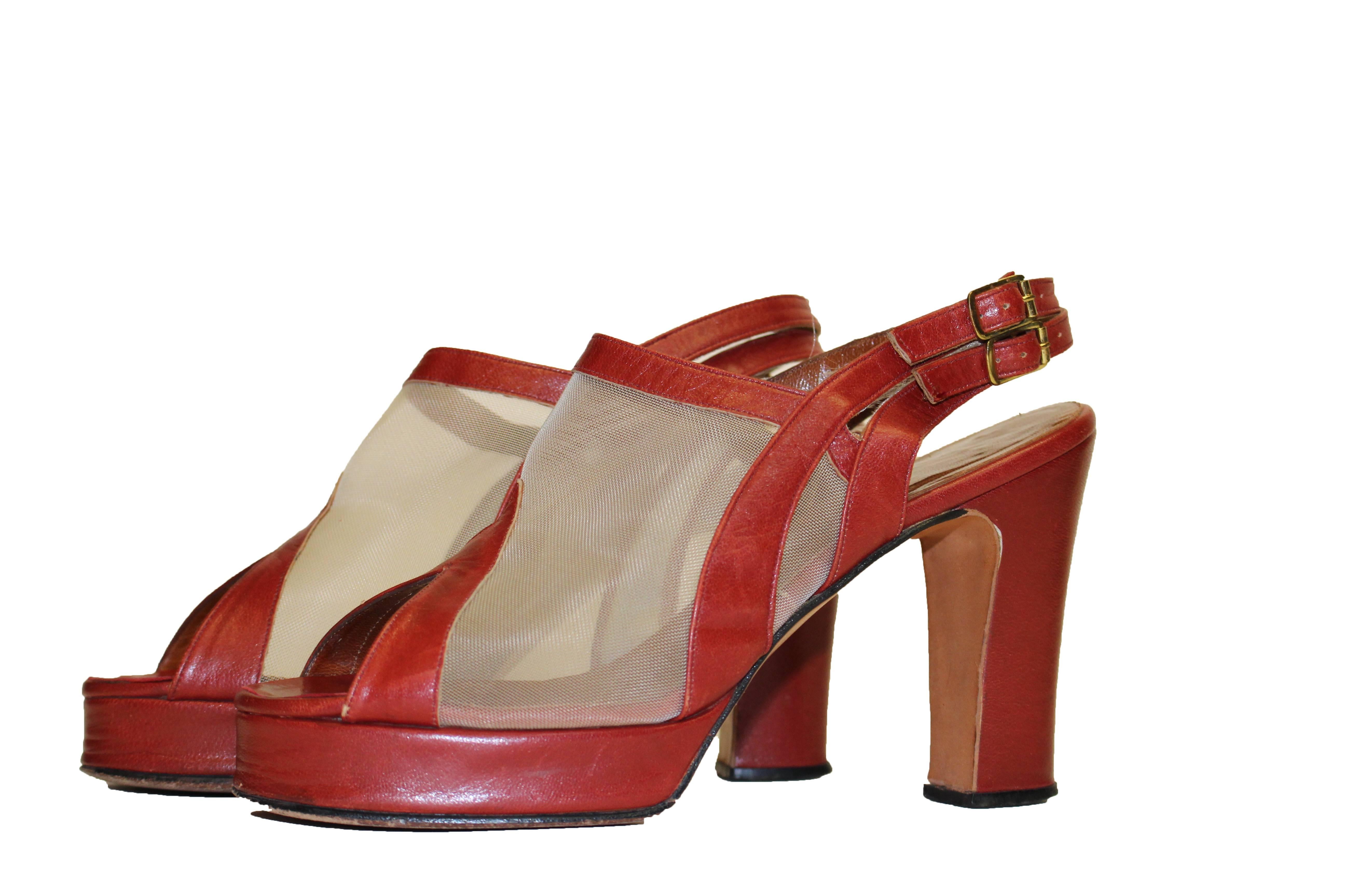 1970s red leather mesh peep toe platforms by Back Street. Double strap sling back. Mesh upper. Leather soles