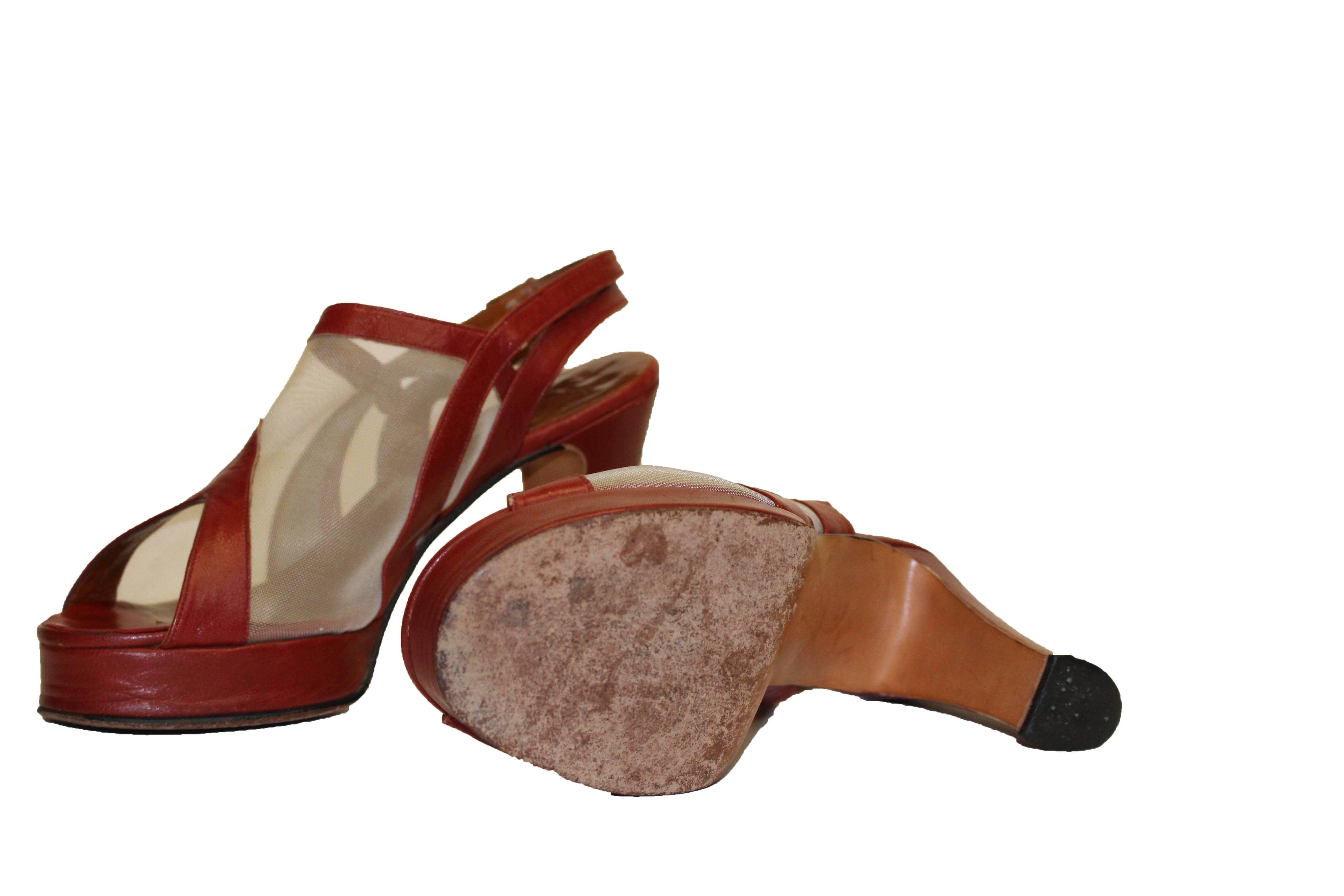 Brown 1970s Red Leather Mesh Peep Toe Platforms  For Sale