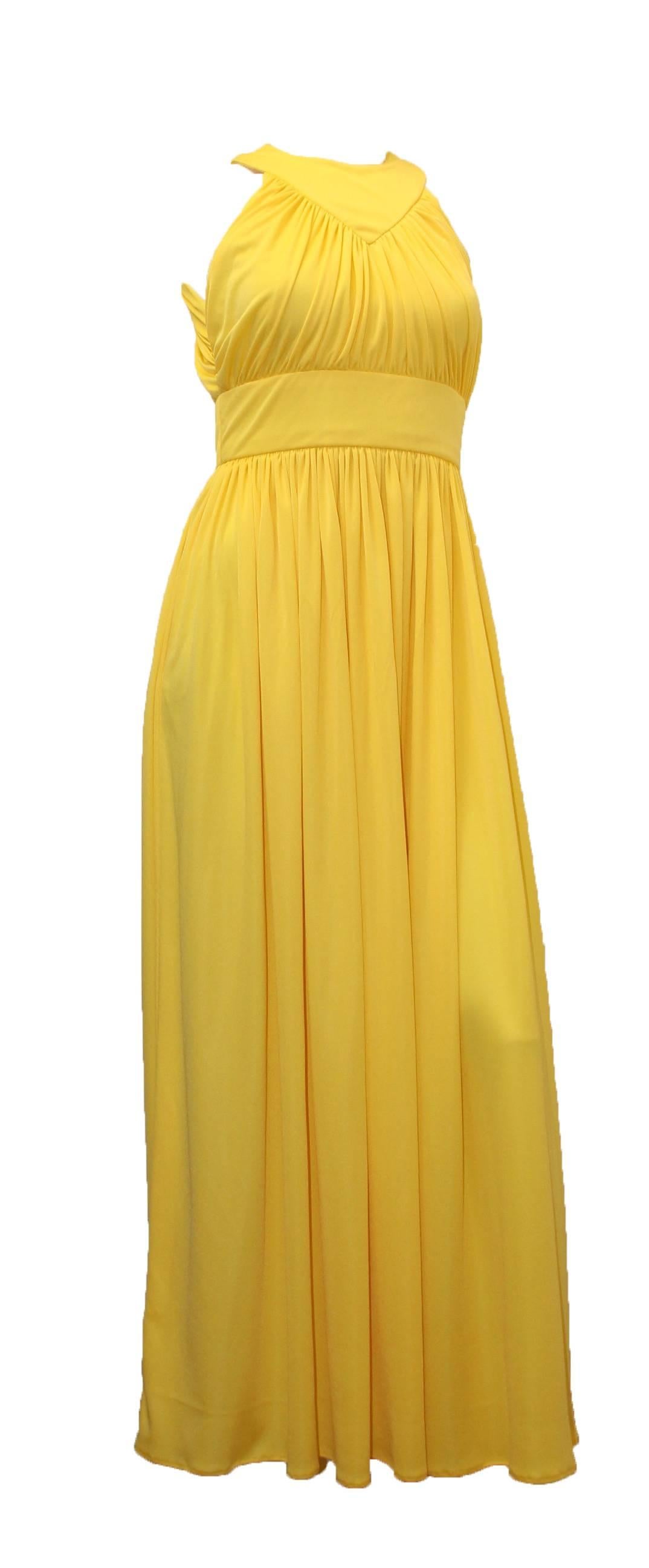 70s Saks Fifth Avenue empire waist, yellow jersey knit maxi dress. 