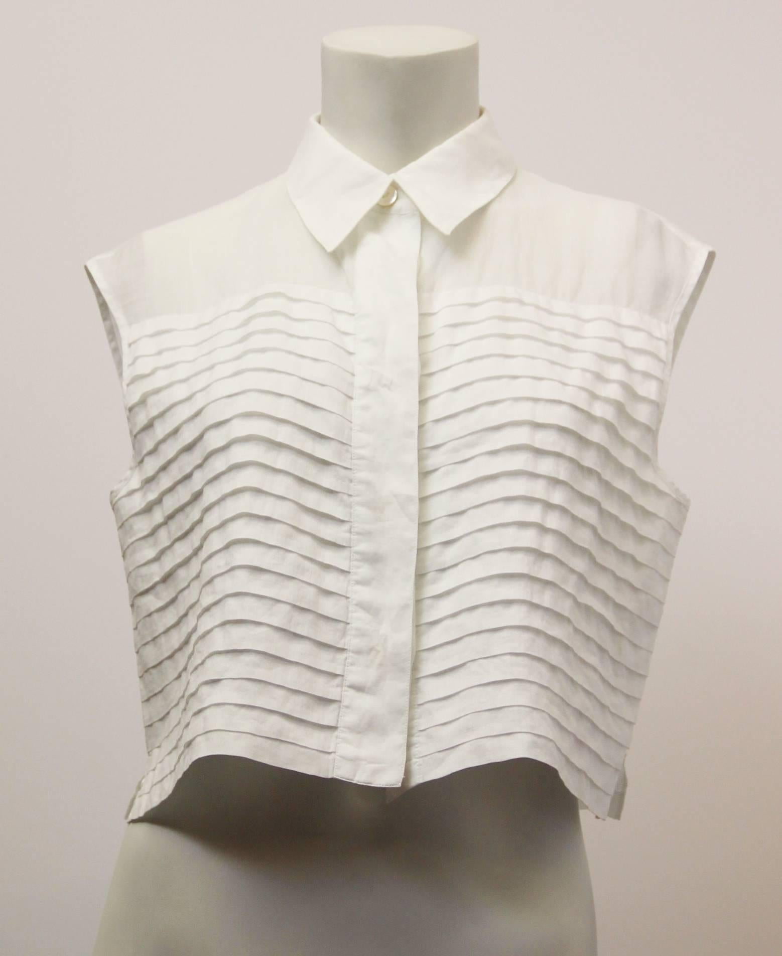80s Chanel Pleated Front Midi Blouse. Hidden button front. Made in Paris.