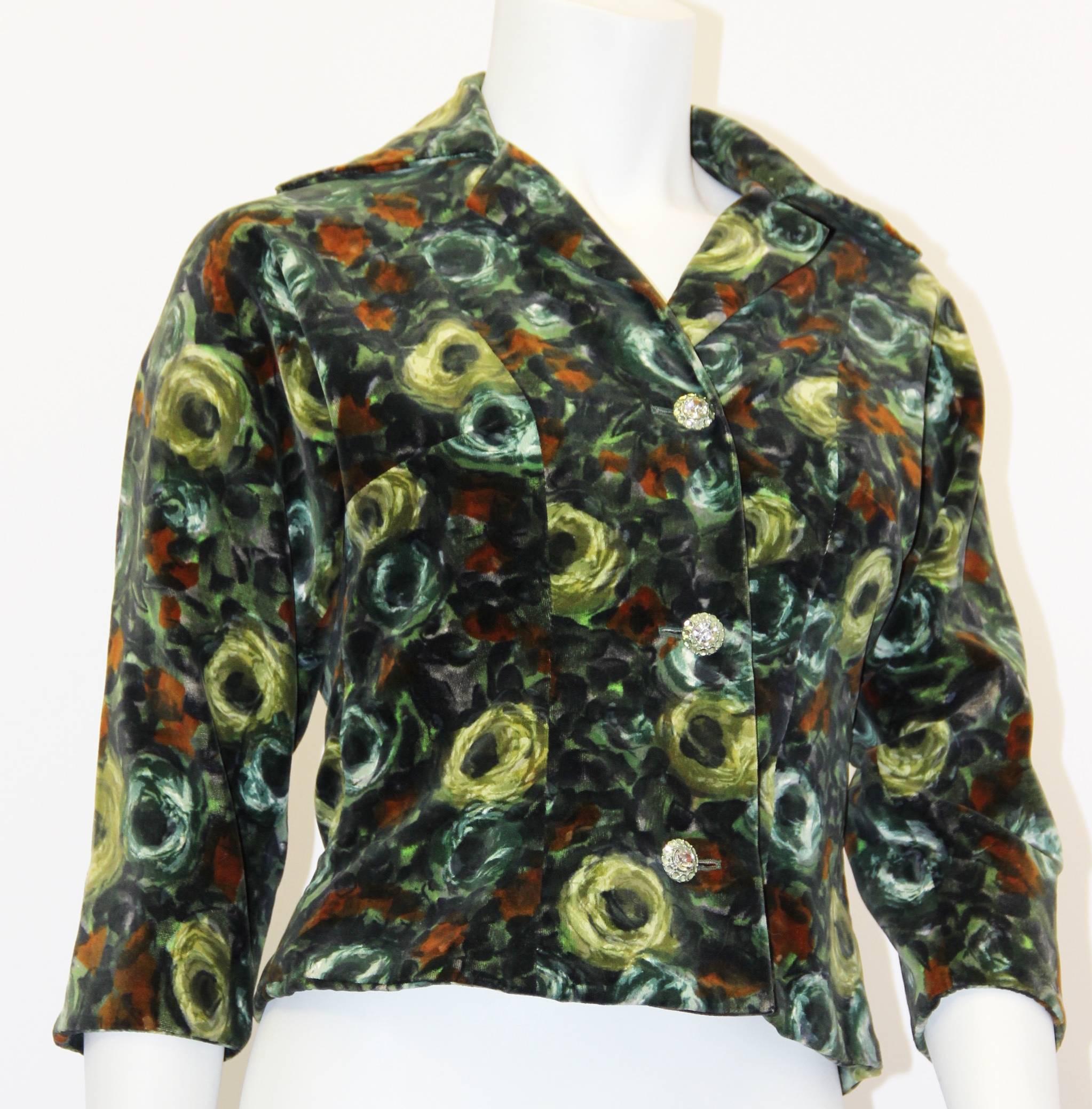 50s painterly velvet top. Rhinestone buttons up front. Made in Italy 