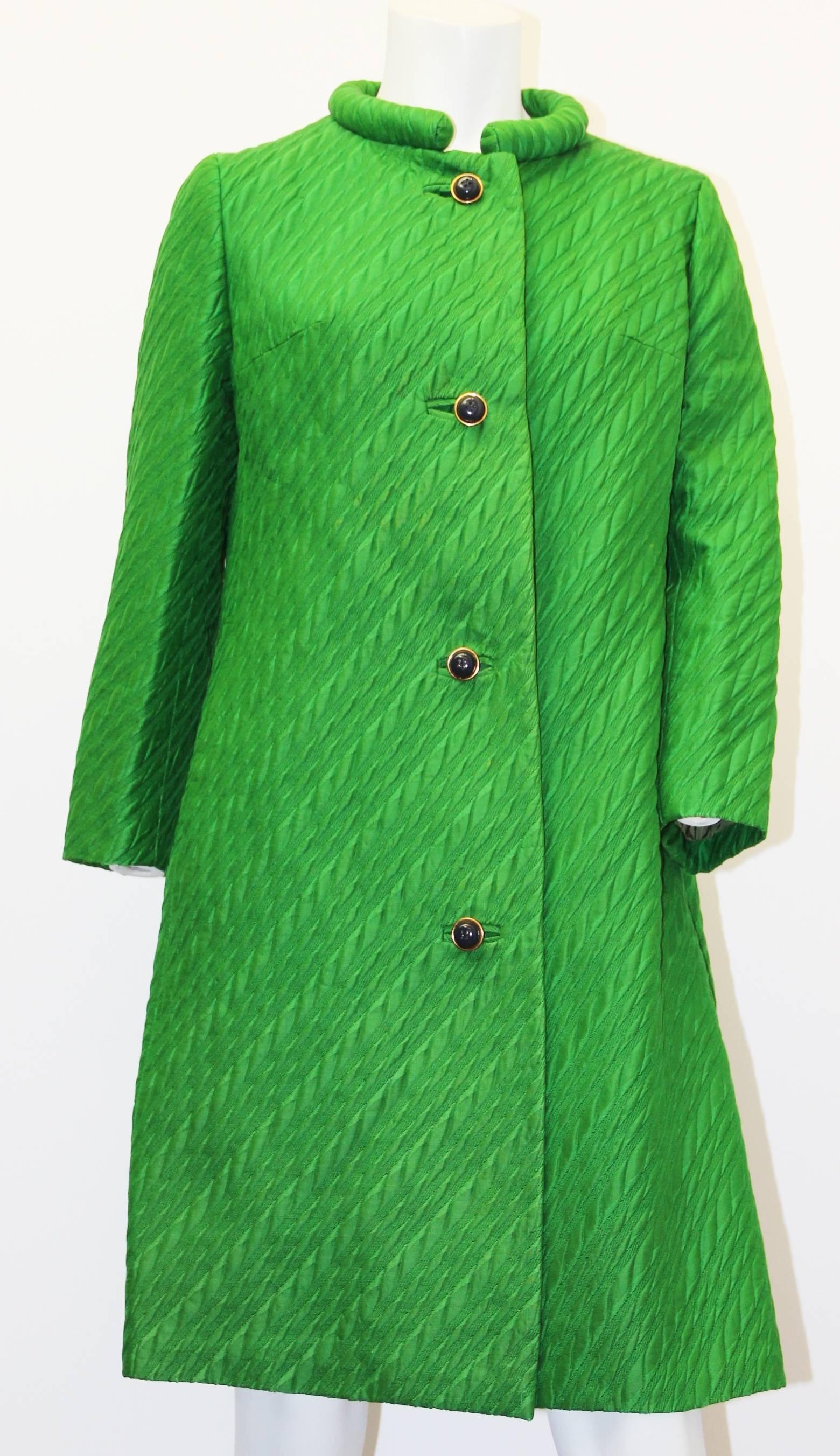 60s Irene Sargent brocade green coat, with navy buttons.