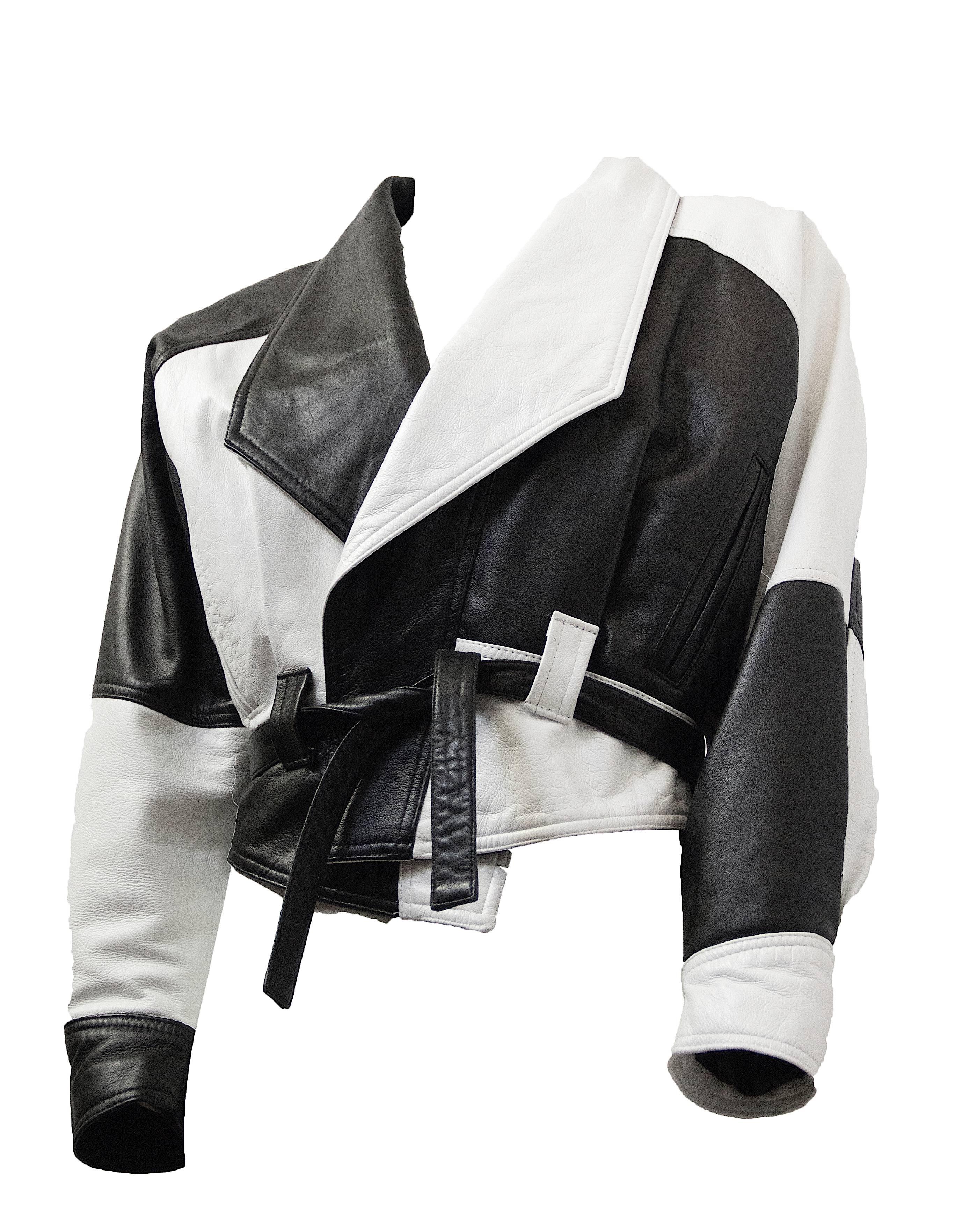 80s Black and White Napa Leather Cropped Jacket   In Excellent Condition In San Francisco, CA