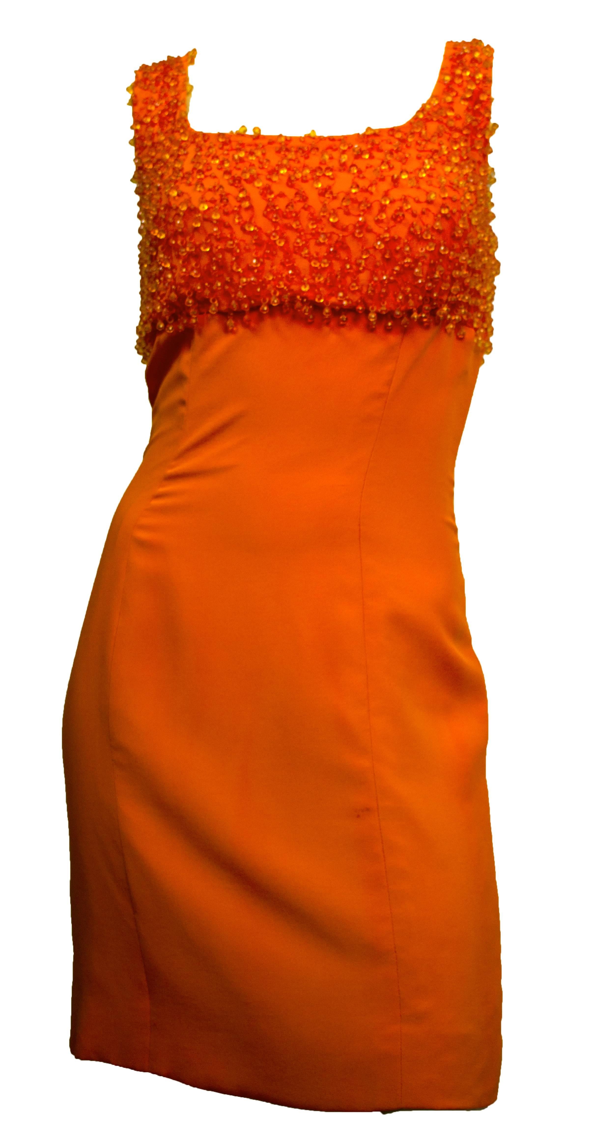 Late 60s Orange Beaded Sheath Dress With Crystal tear drop beads.