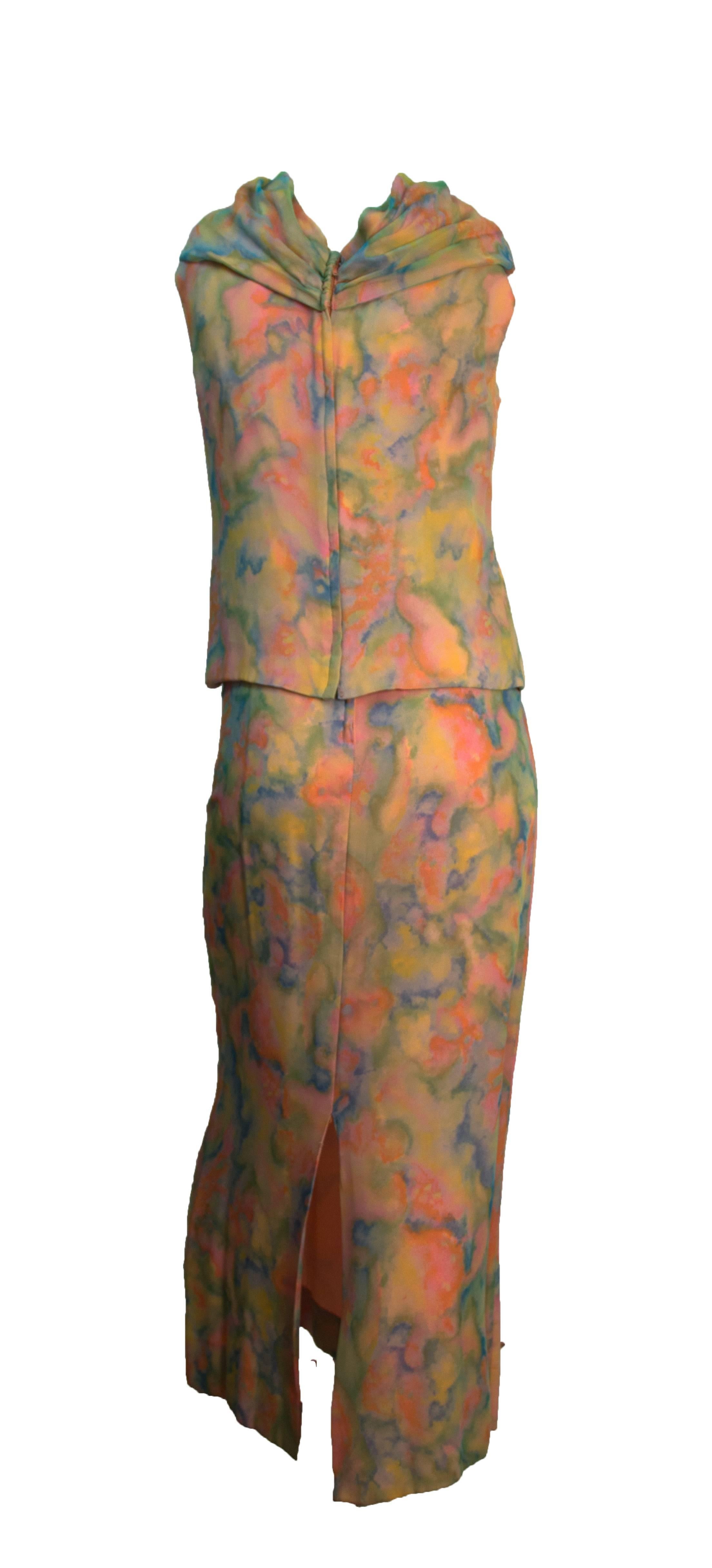 Brown 60s Painterly Pastel Column Dress 