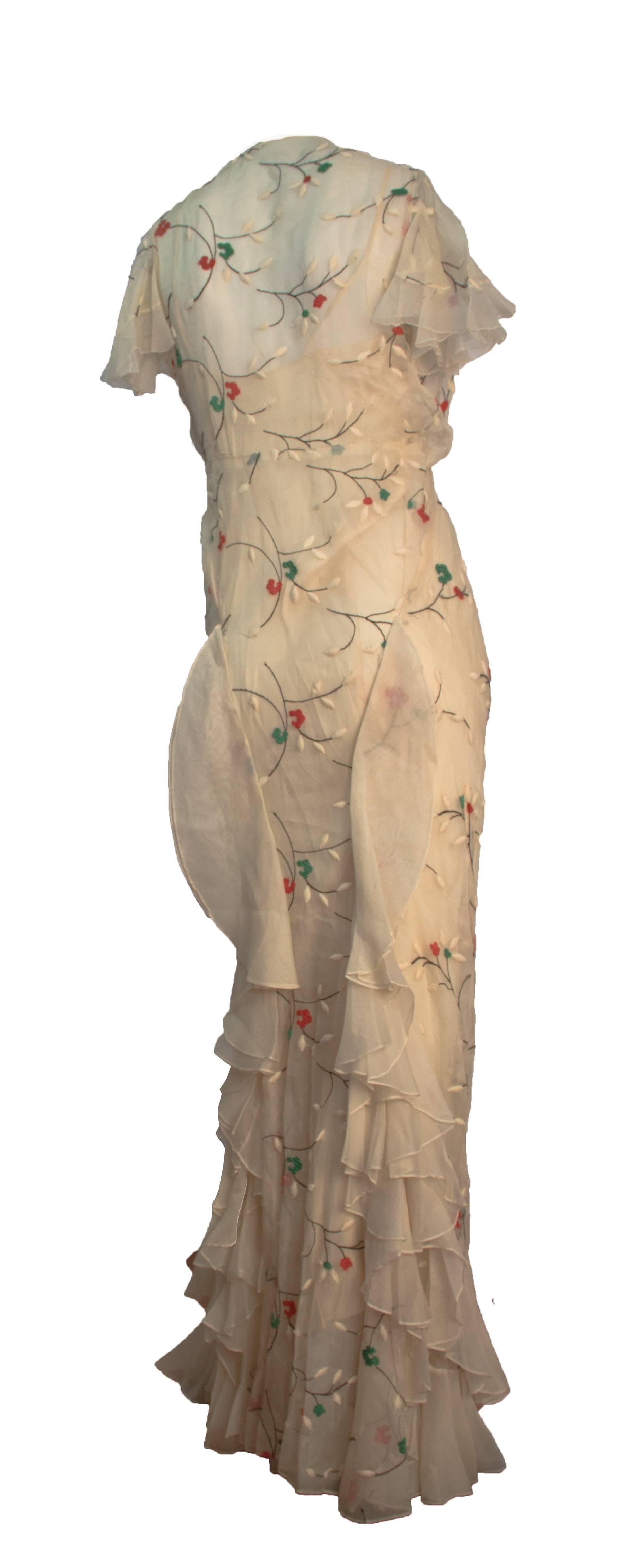 Beige 30s Cream Bias Cut Dress with Floral Embroidery and Slip