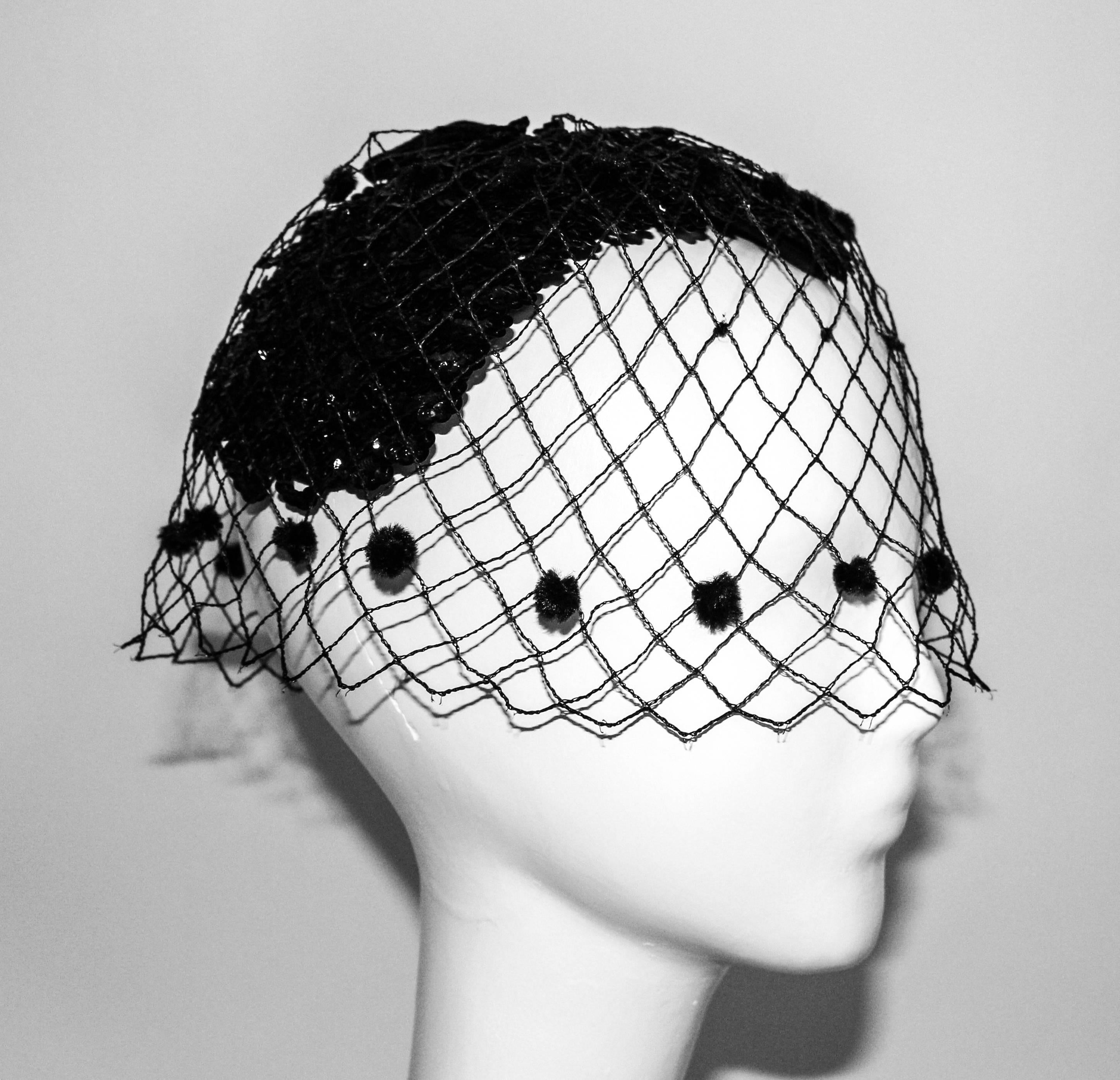 50s black sequined cocktail hat. Velvet bow detail. Velvet dotted net