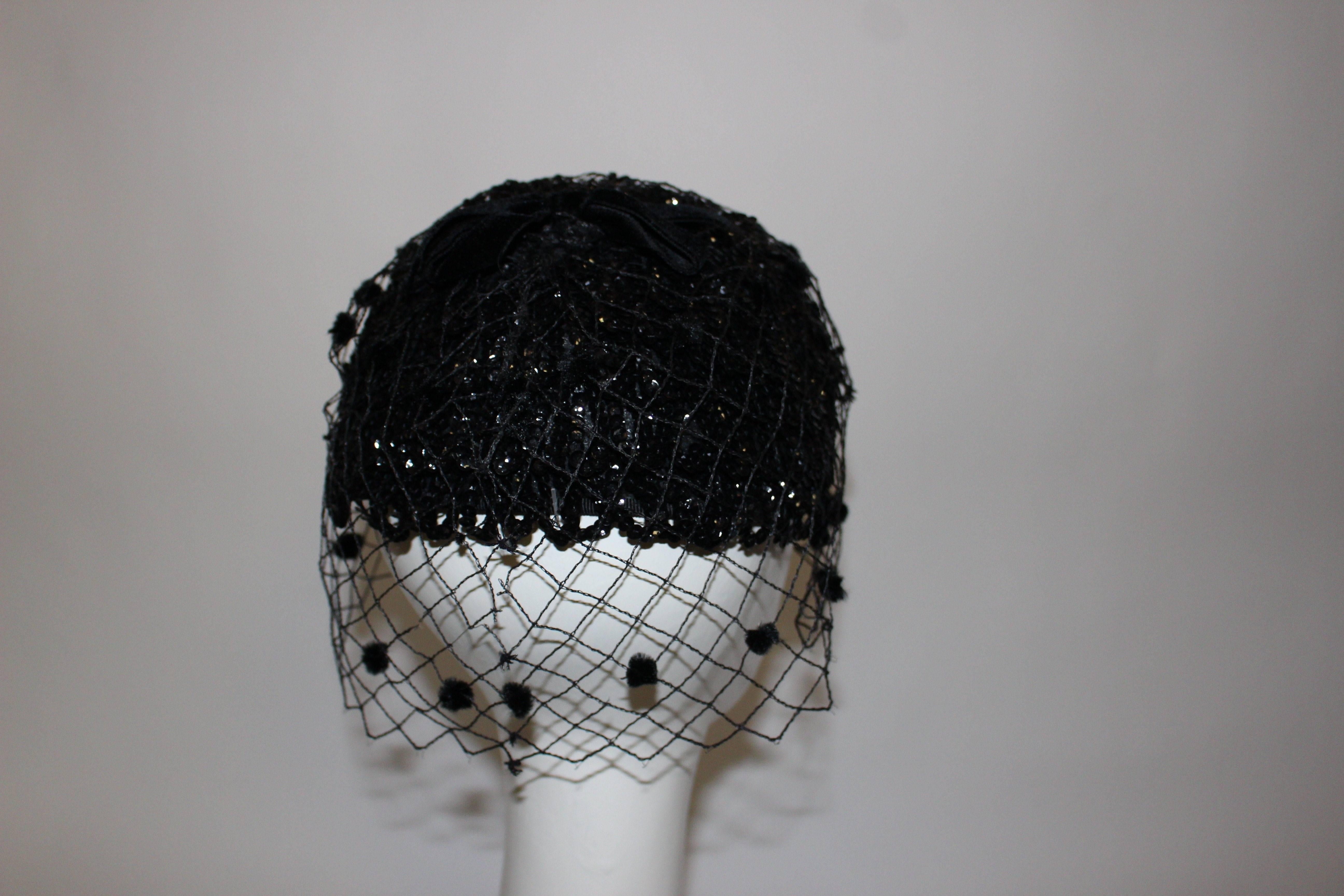 50s Black Sequined Cocktail Hat with Veil  In Excellent Condition In San Francisco, CA