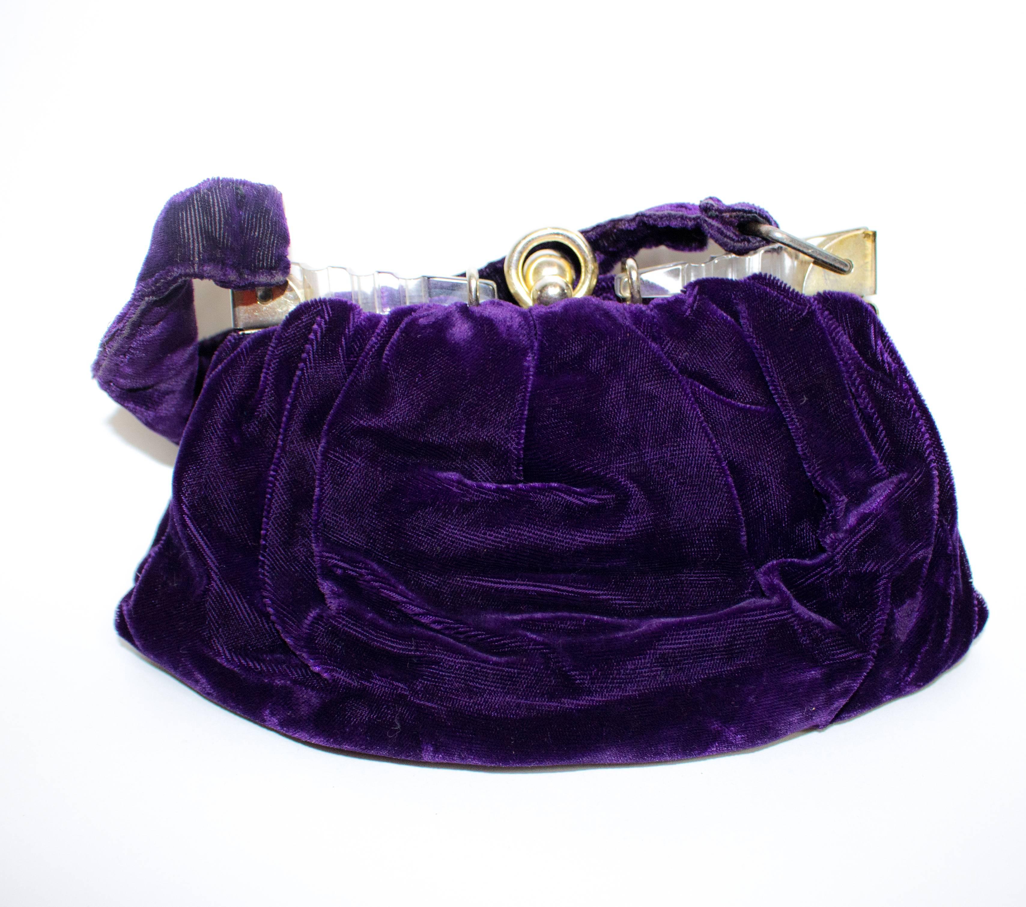 30s Purple Velvet Evening Purse with Lucite and Metal Frame. 

Width of frame - 6