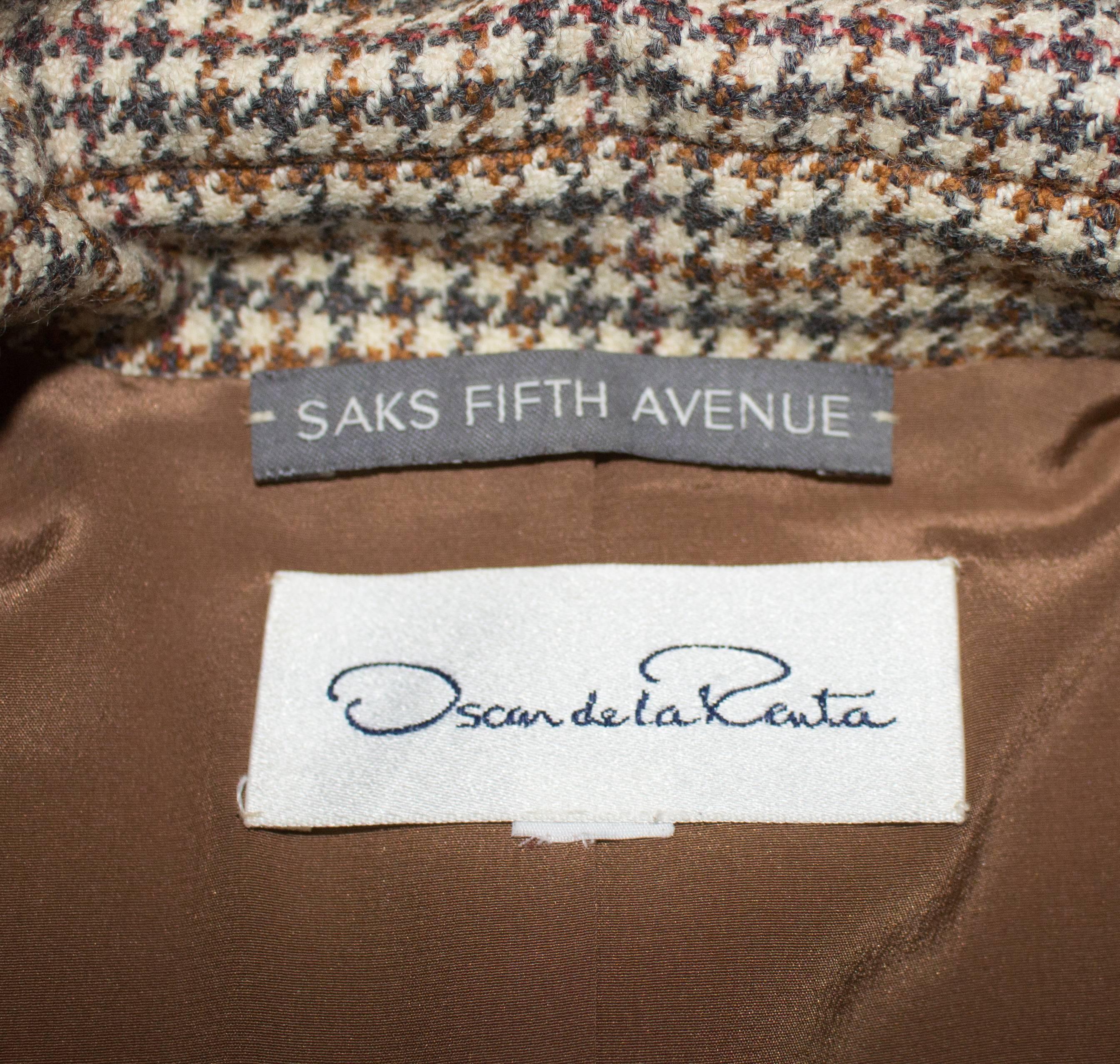 Brown Oscar De La Renta Tan Tweed Coat with Leather Buttons & Trim