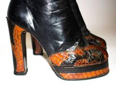 70s Black Platform Boots with Snakeskin Detail
