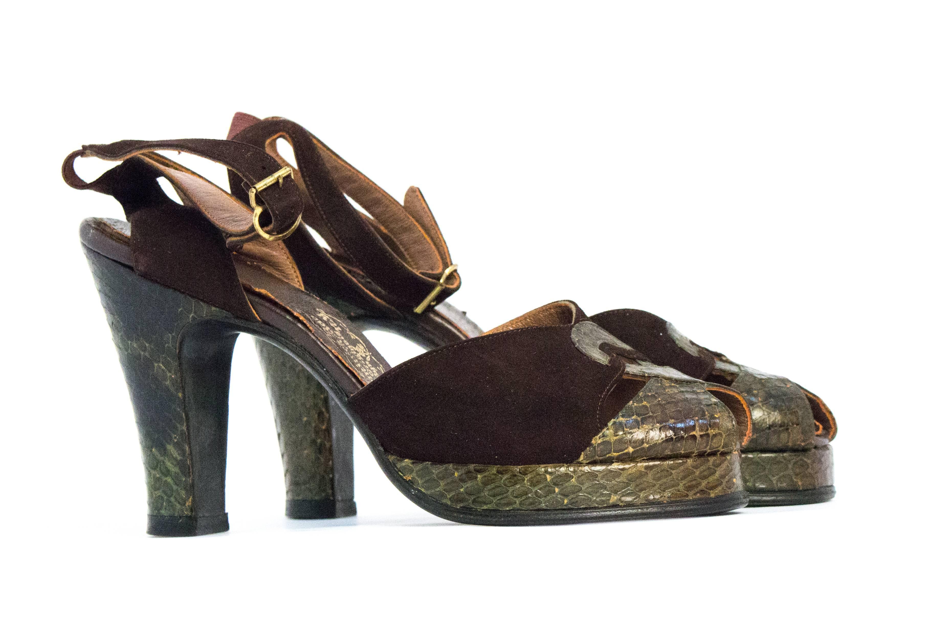1940s green snake and brown suede platform heels. Peep-toe with elasticated ankle strap and gold toned buckle. Custom made. Aprox. US size 5.

Insole: 9