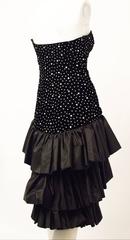 80s Black Velvet Rhinestone Studded Cocktail Dress with Tiered Taffeta Skirt