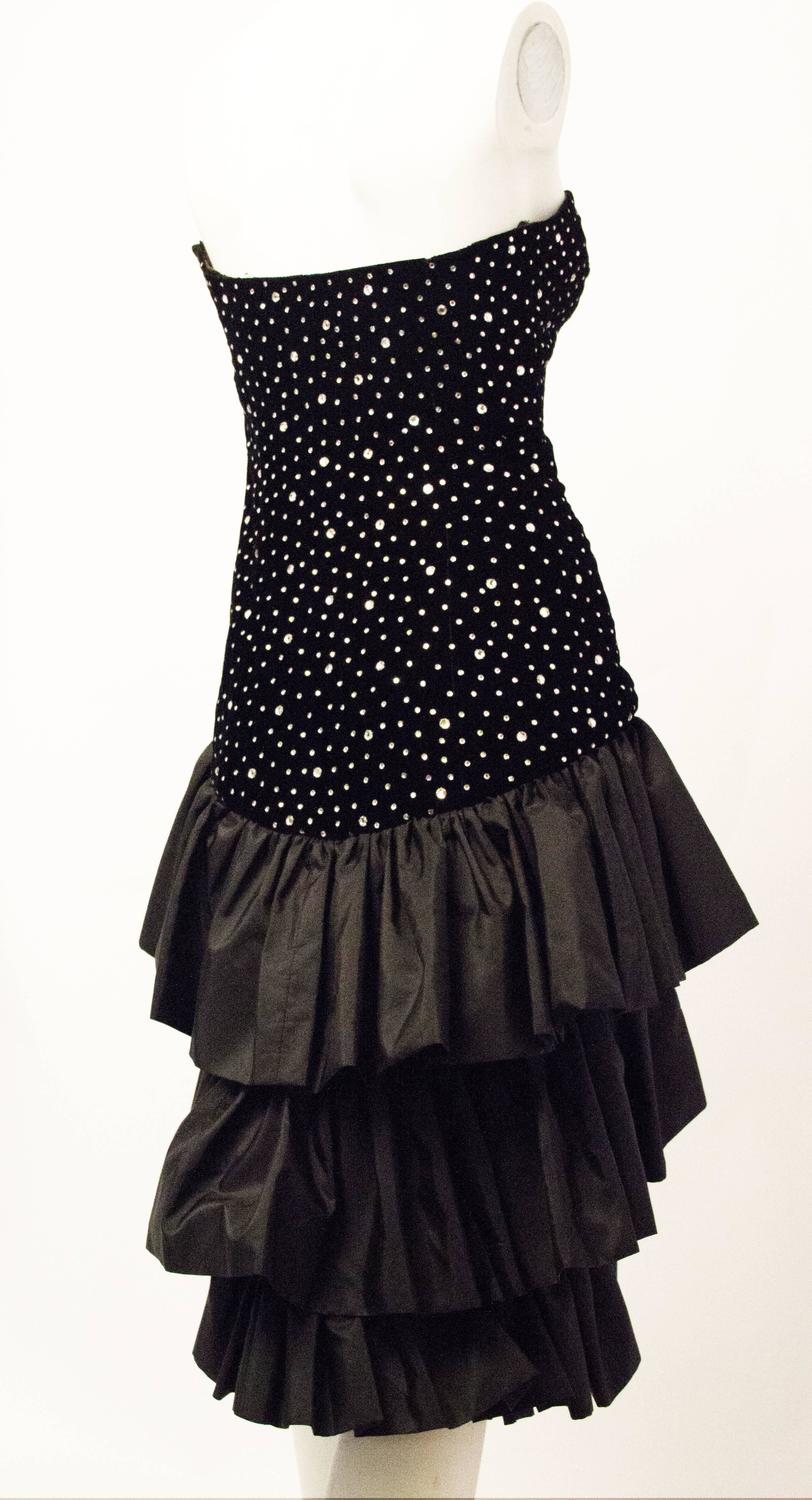 80s Black Velvet Rhinestone Studded Cocktail Dress with Tiered Taffeta ...